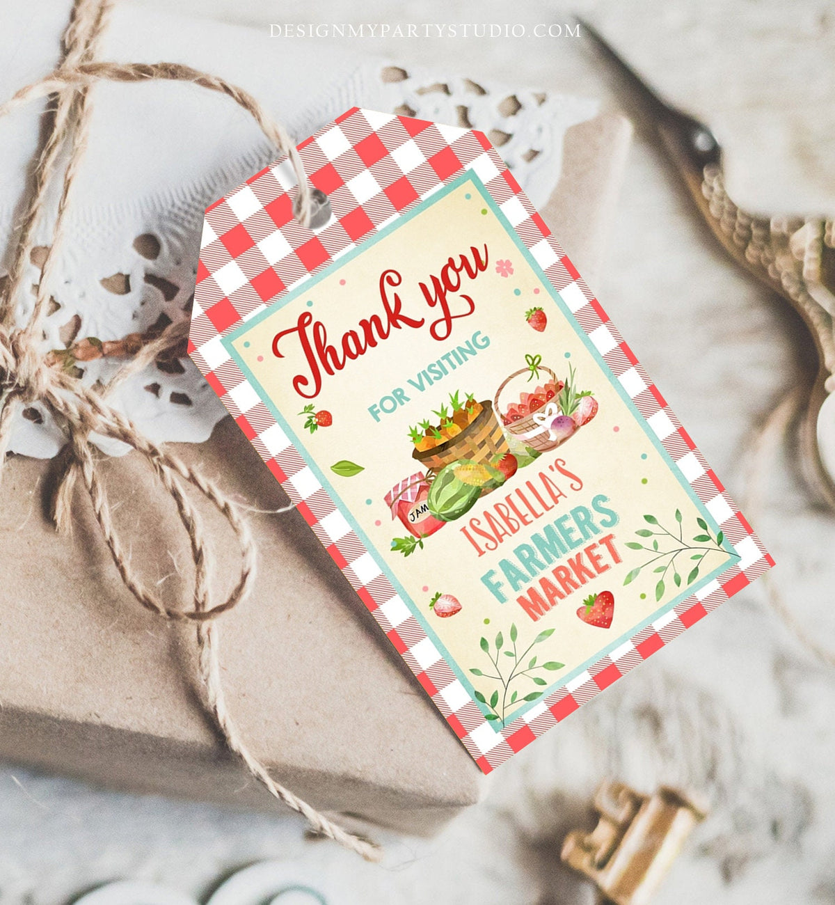 Editable Farmers Market Favor Tags Farmers Market Birthday Thank you Labels Garden Gift tags Shower Gingham Template PRINTABLE Corjl 0144