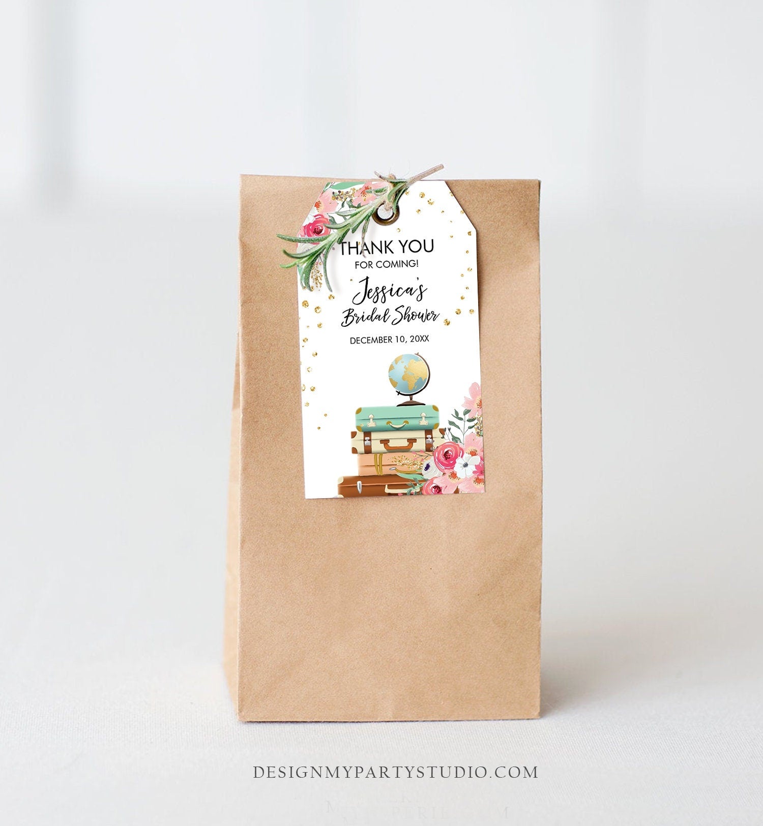 Editable Travel Thank You Favor Tags Pink Floral Suitcases Traveling to Mrs Bridal Shower Baby Adventure Corjl Template Printable 0030