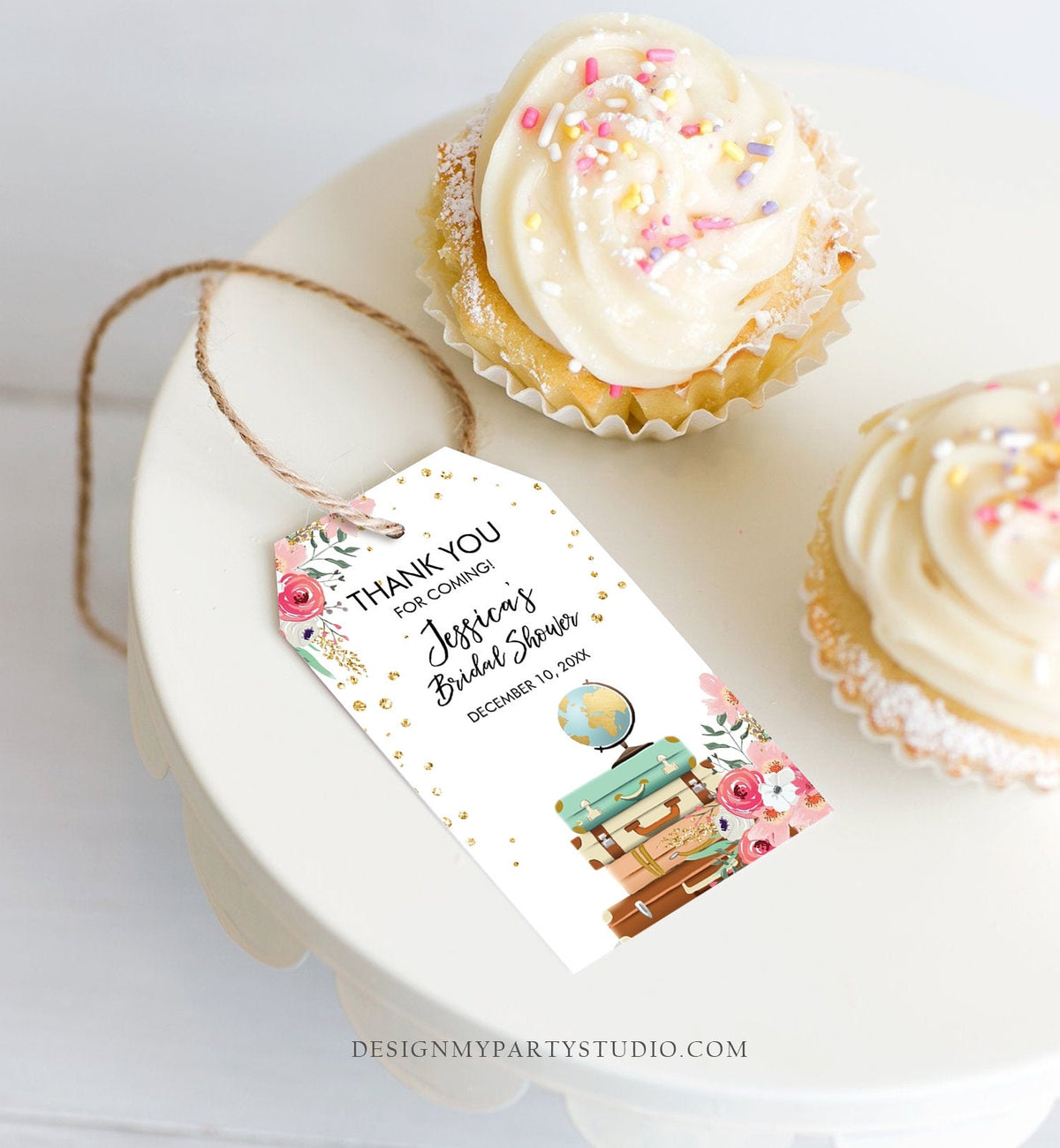 Editable Travel Thank You Favor Tags Pink Floral Suitcases Traveling to Mrs Bridal Shower Baby Adventure Corjl Template Printable 0030