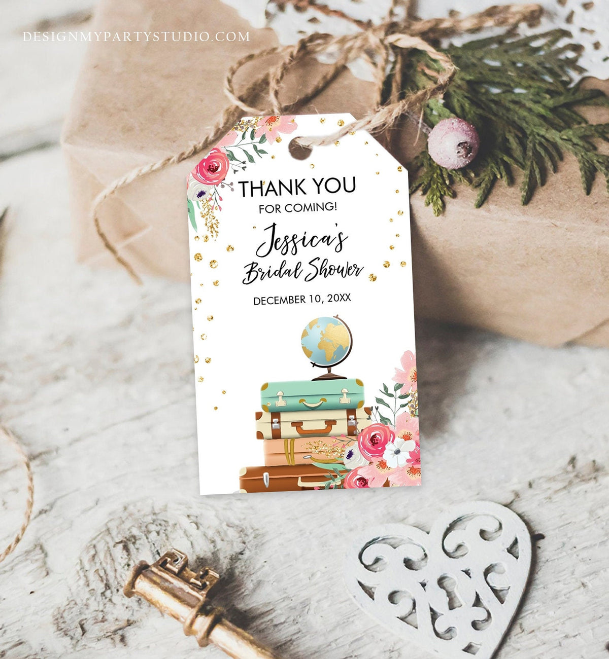 Editable Travel Thank You Favor Tags Pink Floral Suitcases Traveling to Mrs Bridal Shower Baby Adventure Corjl Template Printable 0030
