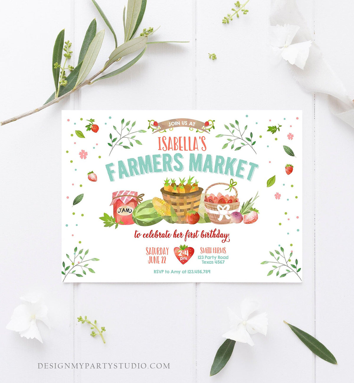 Editable Farmers Market Birthday Invitation Strawberry Farm Party Fruits Market Home Grown Digital Download Evite Template Printable 0144