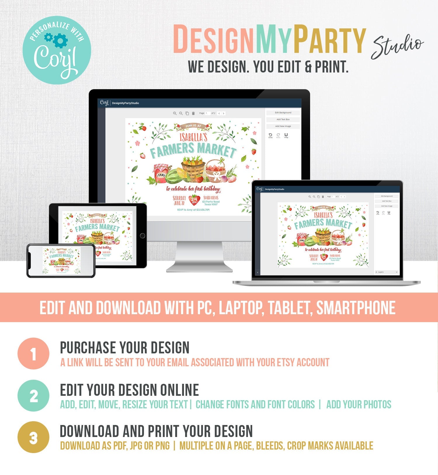 Editable Farmers Market Birthday Invitation Strawberry Farm Party Fruits Market Home Grown Digital Download Evite Template Printable 0144