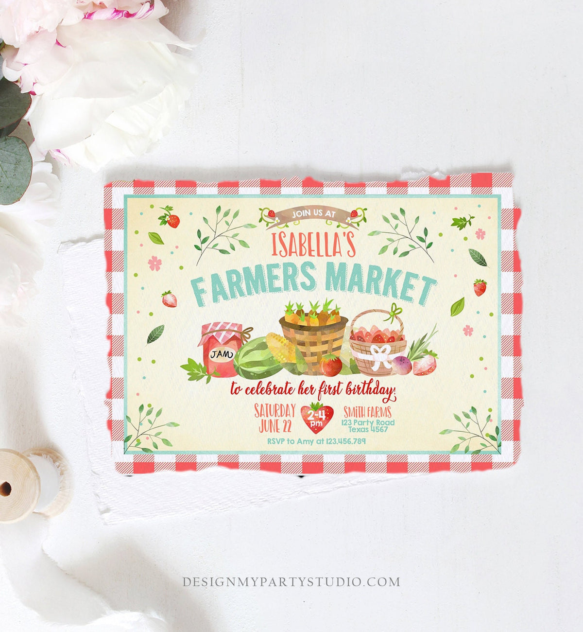Editable Farmers Market Birthday Invitation Strawberry Farm Party Fruits Market Home Grown Digital Download Evite Template Printable 0144