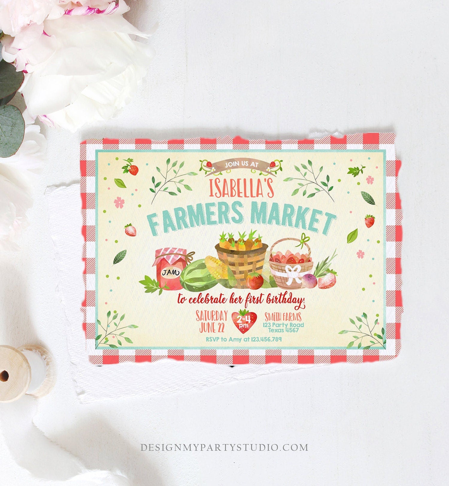 Editable Farmers Market Birthday Invitation Strawberry Farm Party Fruits Market Home Grown Digital Download Evite Template Printable 0144