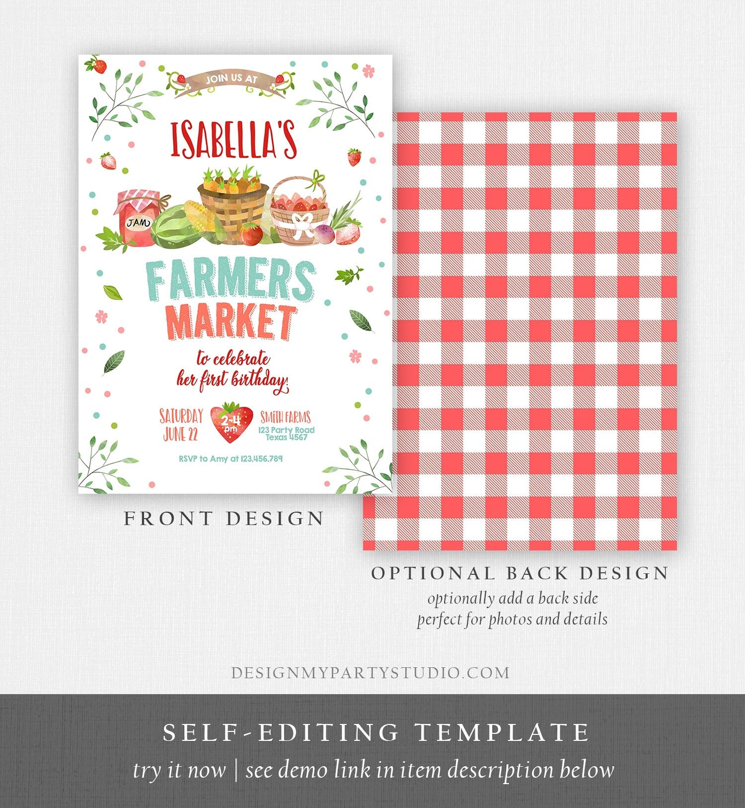 Editable Farmers Market Birthday Invitation Strawberry Home Grown Fruits Veggies Locally Grown Digital Download Template Printable 0144