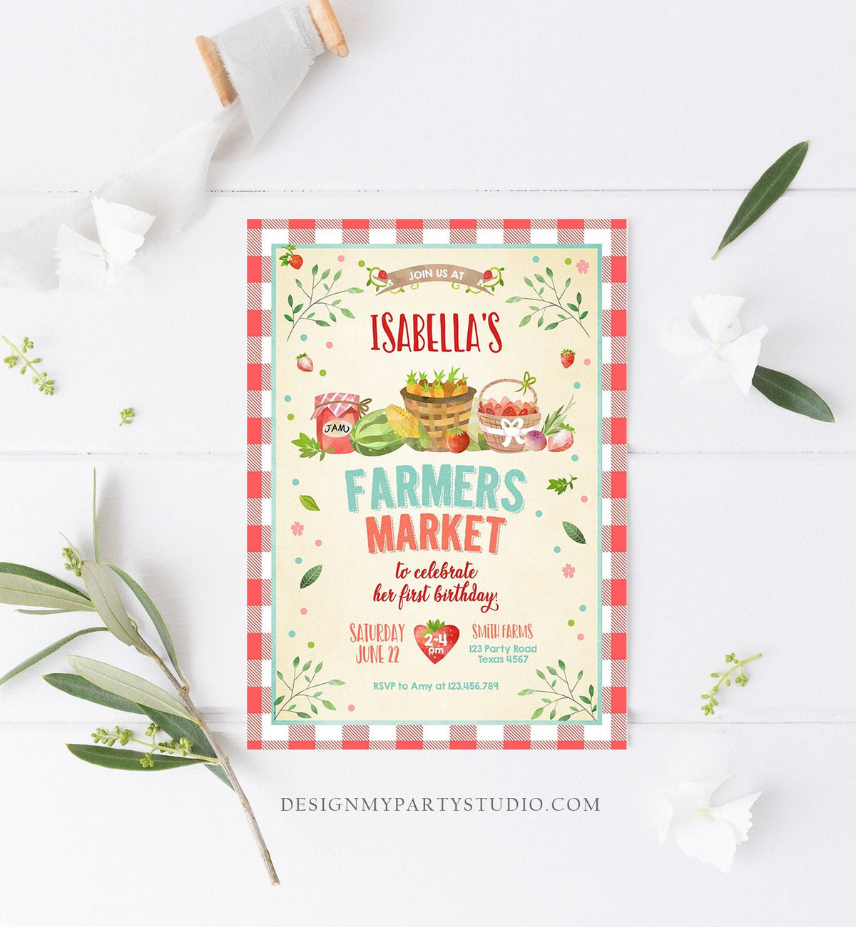 Editable Farmers Market Birthday Invitation Strawberry Farm Party Fruits Market Home Grown Download Printable Invitation Template Corjl 0144