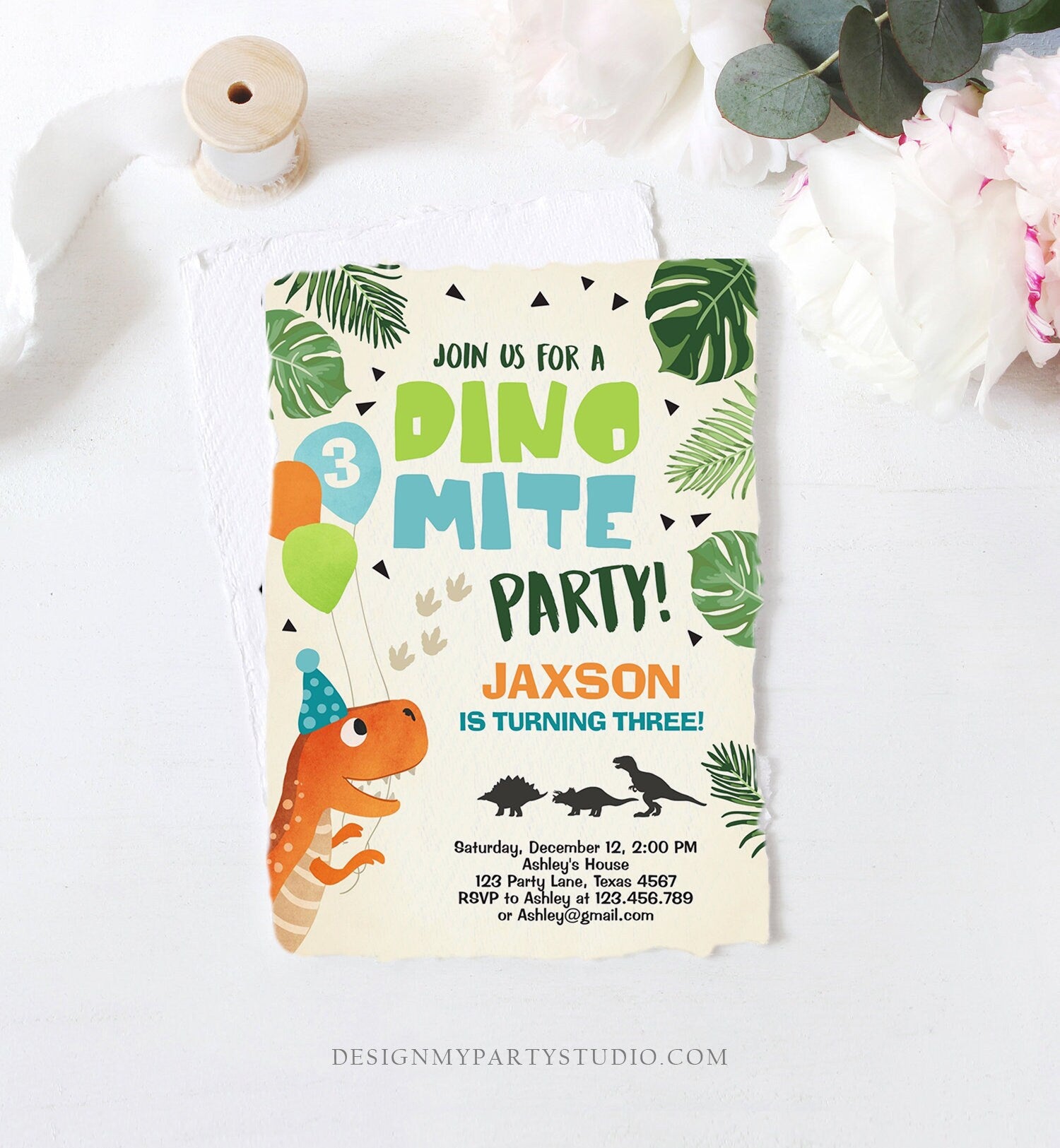 Editable Dinosaur Birthday Invitation Dino Mite T-Rex Dig Party Prehistoric Boy Dino Fossil Digital Download Corjl Template Printable 0074