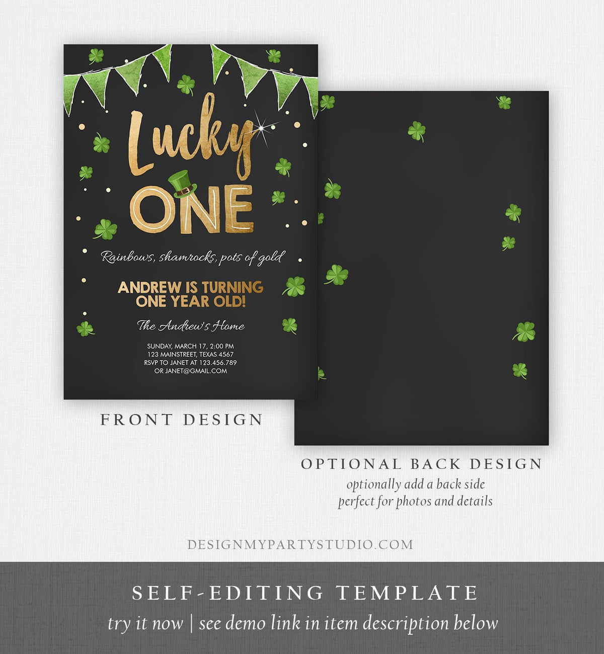 Editable St. Patrick&#39;s Day Birthday Invitation Shamrock Clover St Patricks day Birthday Lucky One Printable Invite Template Corjl 0115