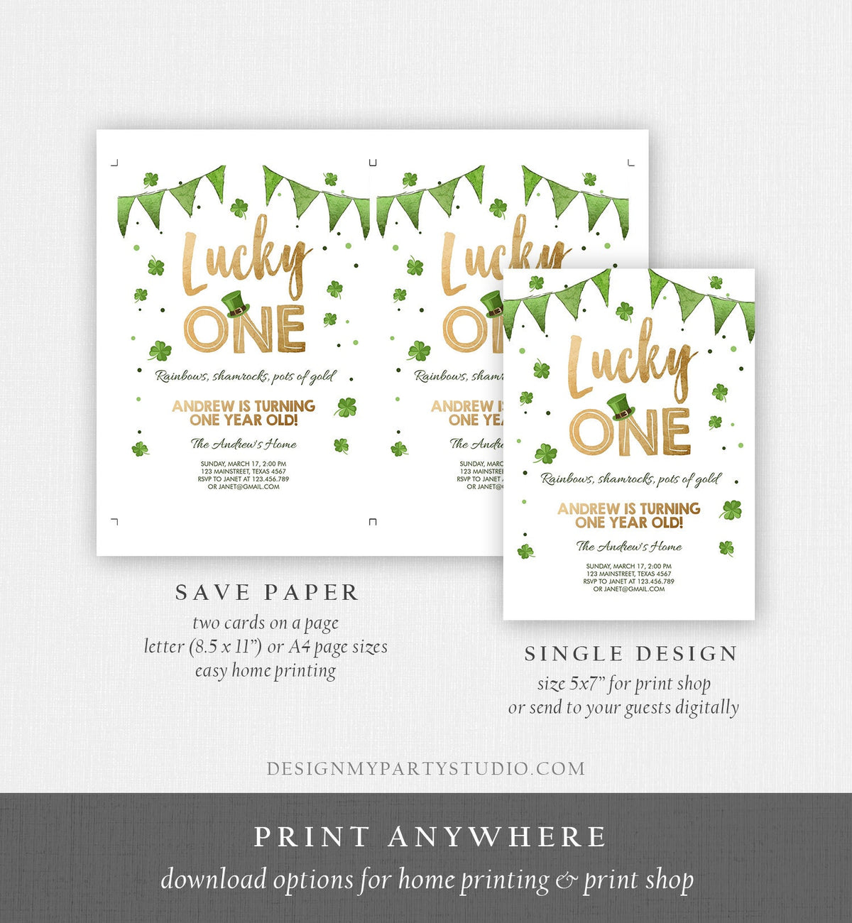 Editable Lucky One Birthday Invitation Shamrock Clover St Patricks Day Digital Download Template Printable 0115