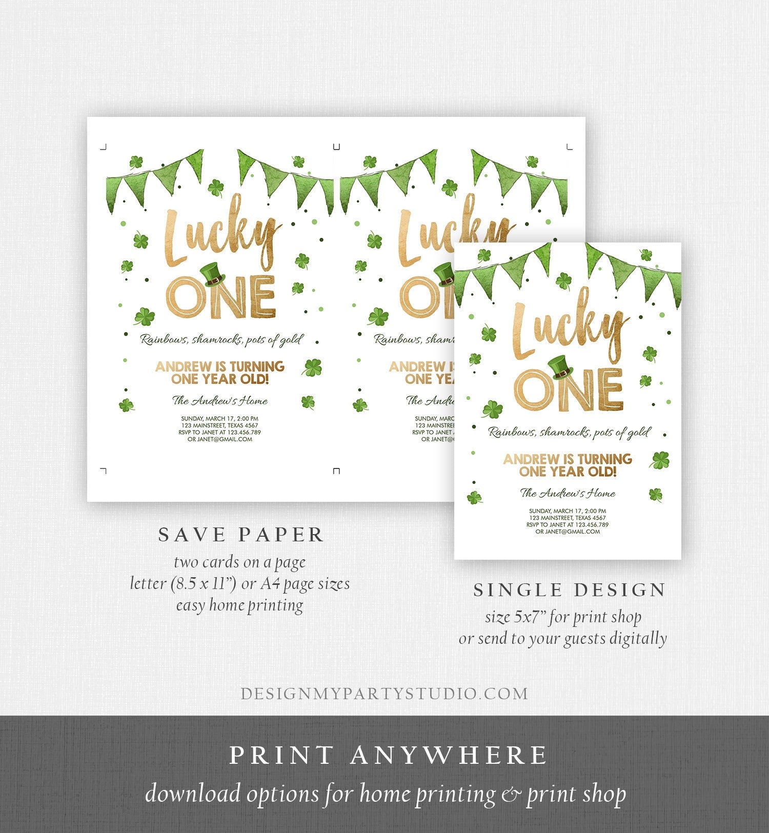 Editable Lucky One Birthday Invitation Shamrock Clover St Patricks Day Digital Download Template Printable 0115