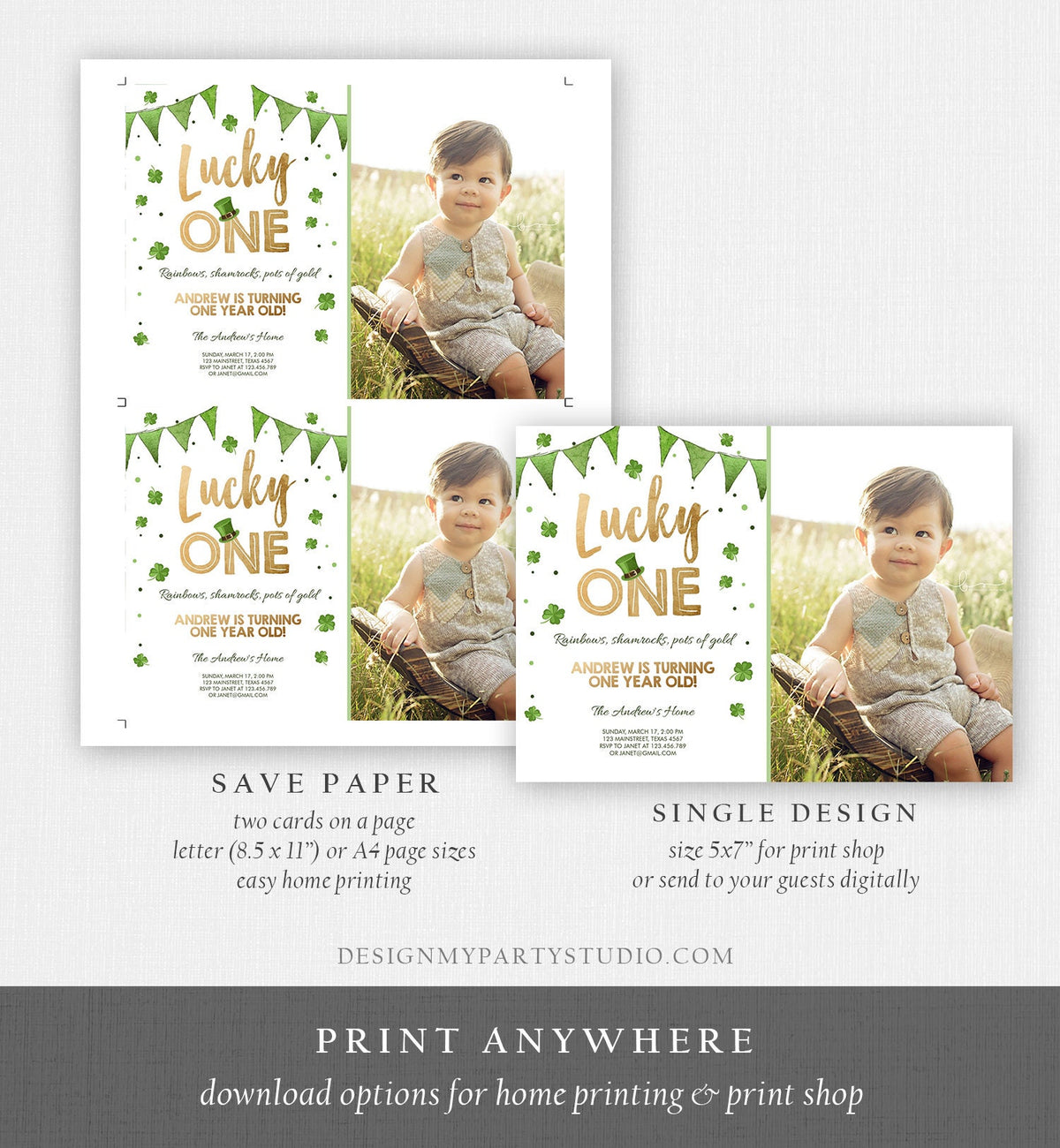 Editable St. Patrick&#39;s Day Birthday Invitation Shamrock Clover St Patricks day Birthday Lucky One Digital Download Template Printable 0115