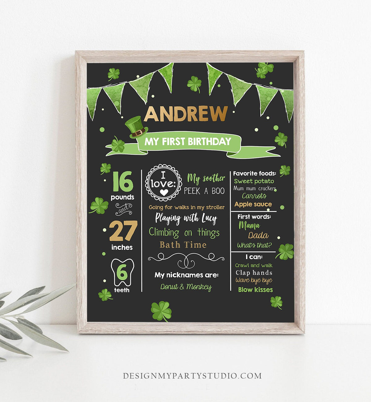 Editable St Patricks Day Milestones Sign Lucky One Birthday Shamrock 1st Birthday Gold Green Clover Chalkboard Template Printable Corjl 0115