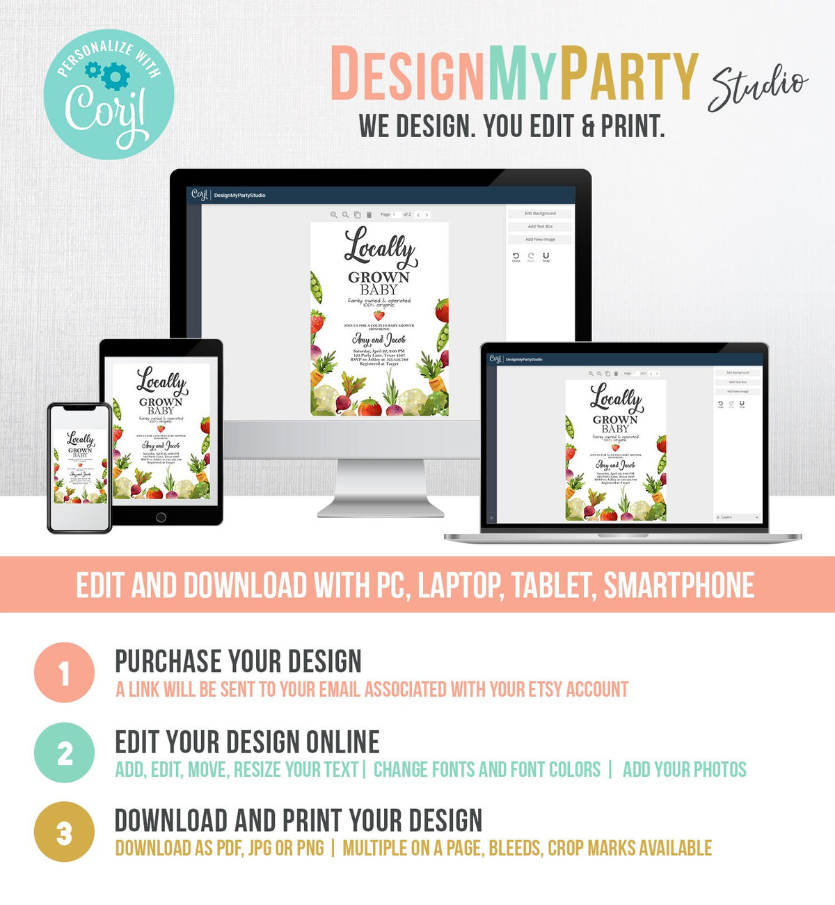 Editable Locally Grown Baby Shower Invitation Farmers Market Fruits and Veggies Vegetable Digital Download Evite Template Printable 0144