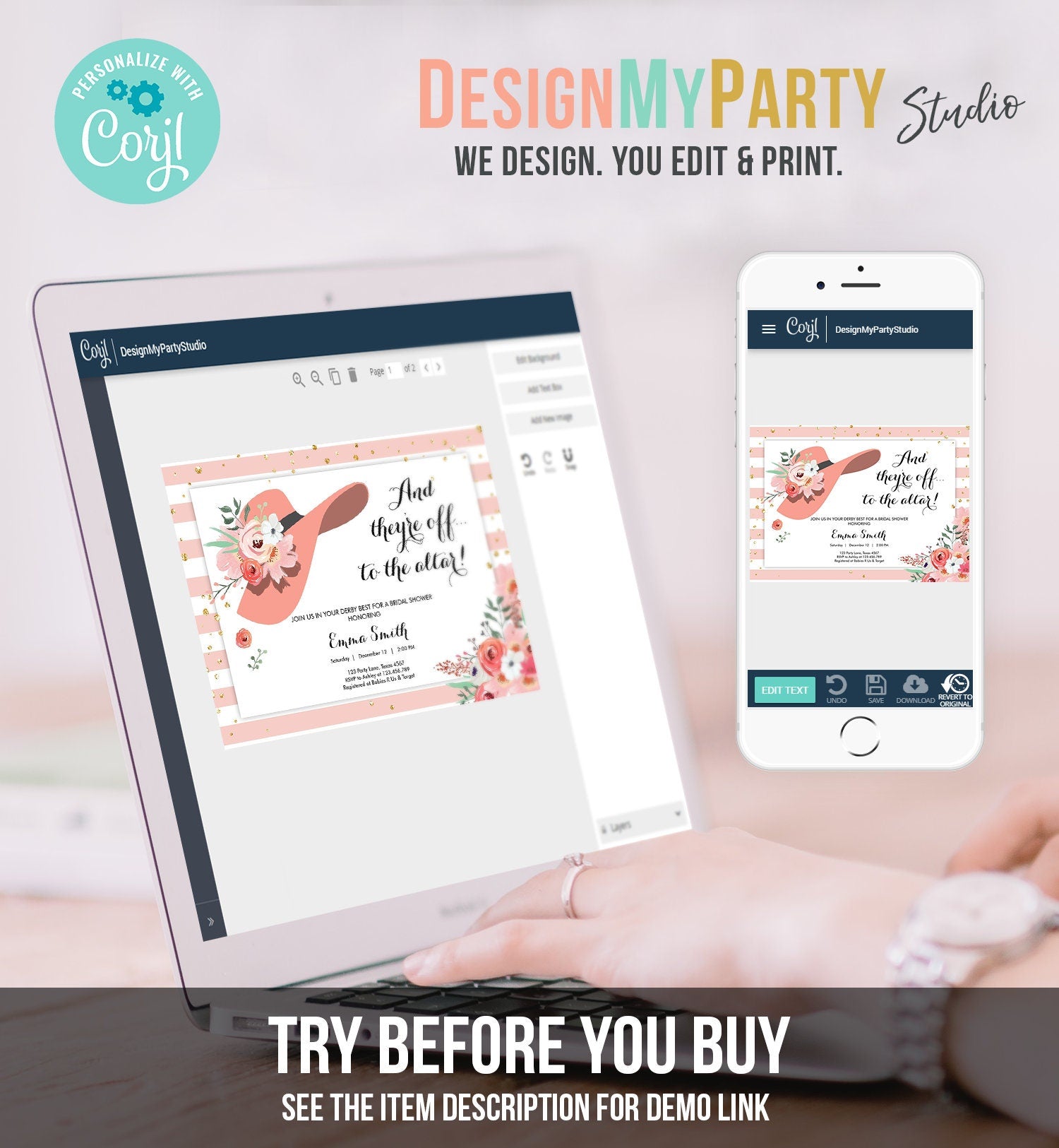 Editable Bridal Shower Invitation Derby Wear a Hat Horse races Floral Flowers Rose Gold Blush Pink Download Printable Template Corjl 0249