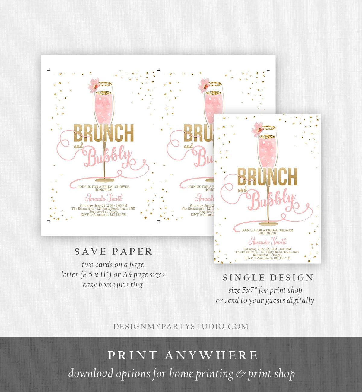 Editable Brunch and Bubbly Bridal Shower Invitation Floral Champagne Gold Pink Wedding Digital Download Corjl Template Printable 0150