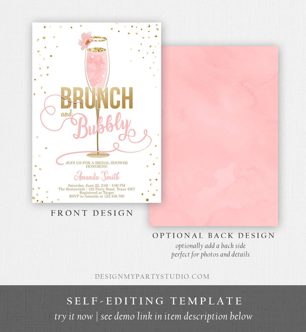 Editable Brunch and Bubbly Bridal Shower Invitation Floral Champagne Gold Pink Wedding Digital Download Corjl Template Printable 0150