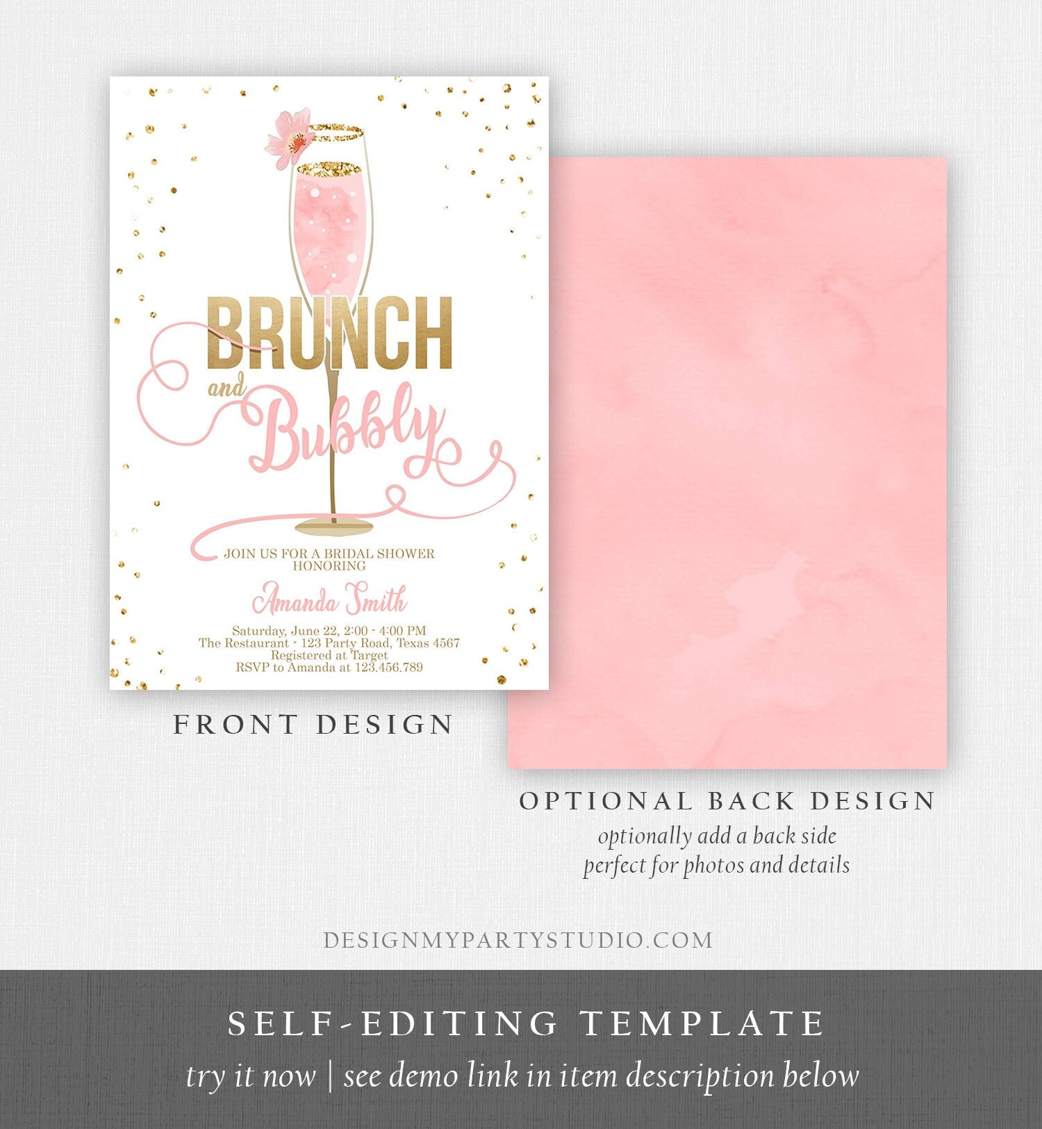 Editable Brunch and Bubbly Bridal Shower Invitation Floral Champagne Gold Pink Wedding Digital Download Corjl Template Printable 0150