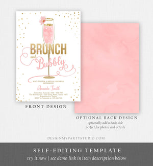 Editable Brunch and Bubbly Bridal Shower Invitation Floral Champagne Gold Pink Wedding Download Printable Template Digital Corjl 0150