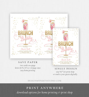 Editable Brunch and Bubbly Bridal Shower Invitation Floral Champagne Gold Pink Wedding Download Printable Template Digital Corjl 0150