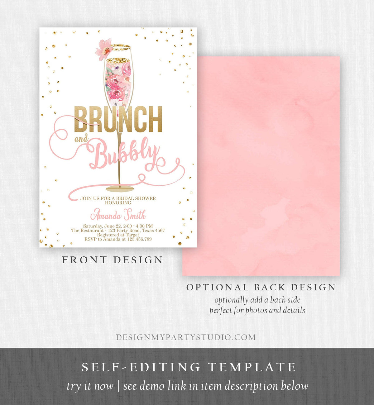 Editable Brunch and Bubbly Bridal Shower Invitation Floral Champagne Gold Pink Wedding Digital Download Corjl Template Printable 0150