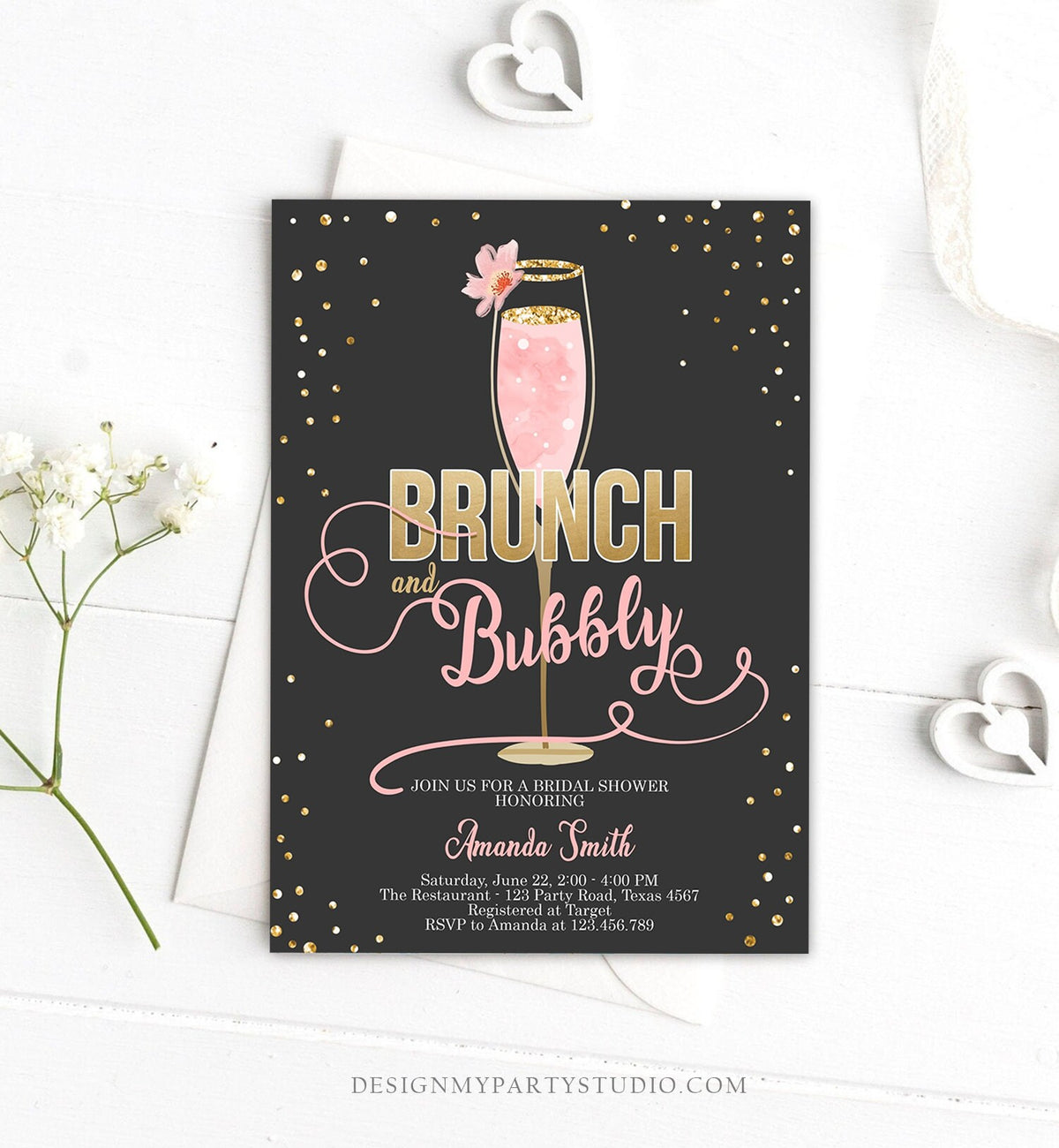 Editable Brunch and Bubbly Bridal Shower Invitation Floral Champagne Gold Pink Wedding Digital Download Evite Template Printable 0150