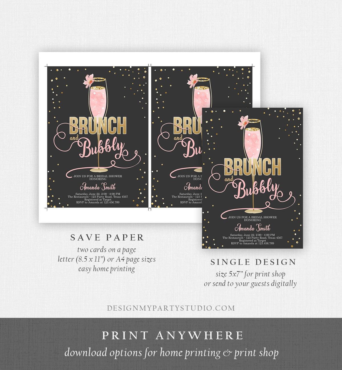 Editable Brunch and Bubbly Bridal Shower Invitation Floral Champagne Gold Pink Wedding Digital Download Evite Template Printable 0150
