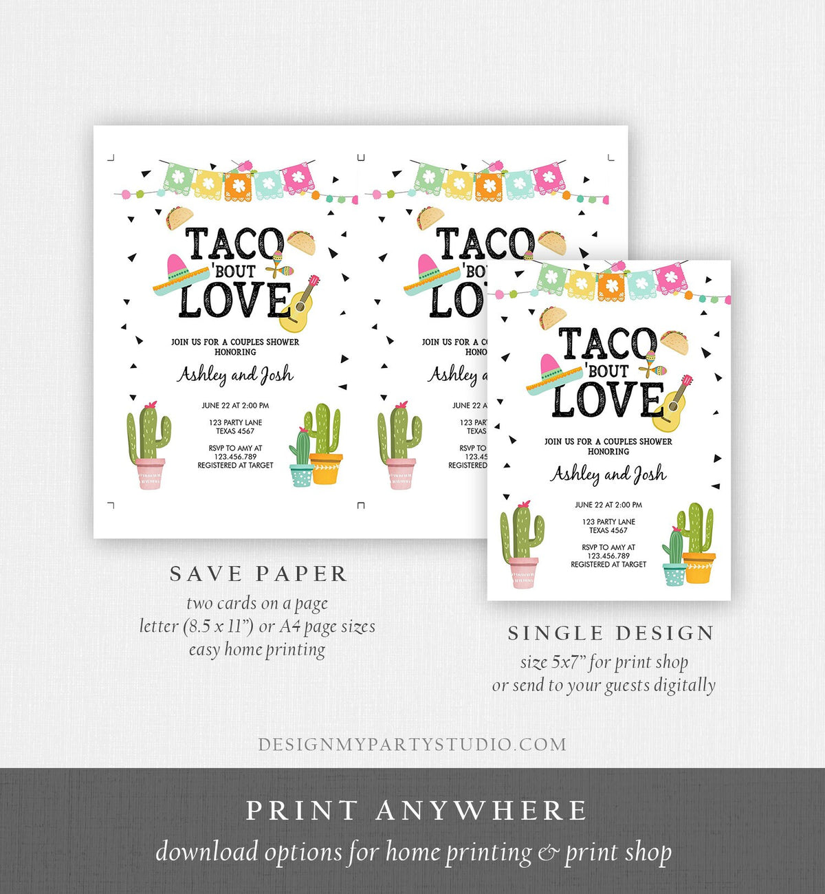 Editable Taco Bout Love Couples Shower Invitation Fiesta Cactus Succulent Mexican Green Pink Digital Download Corjl Template Printable 0161