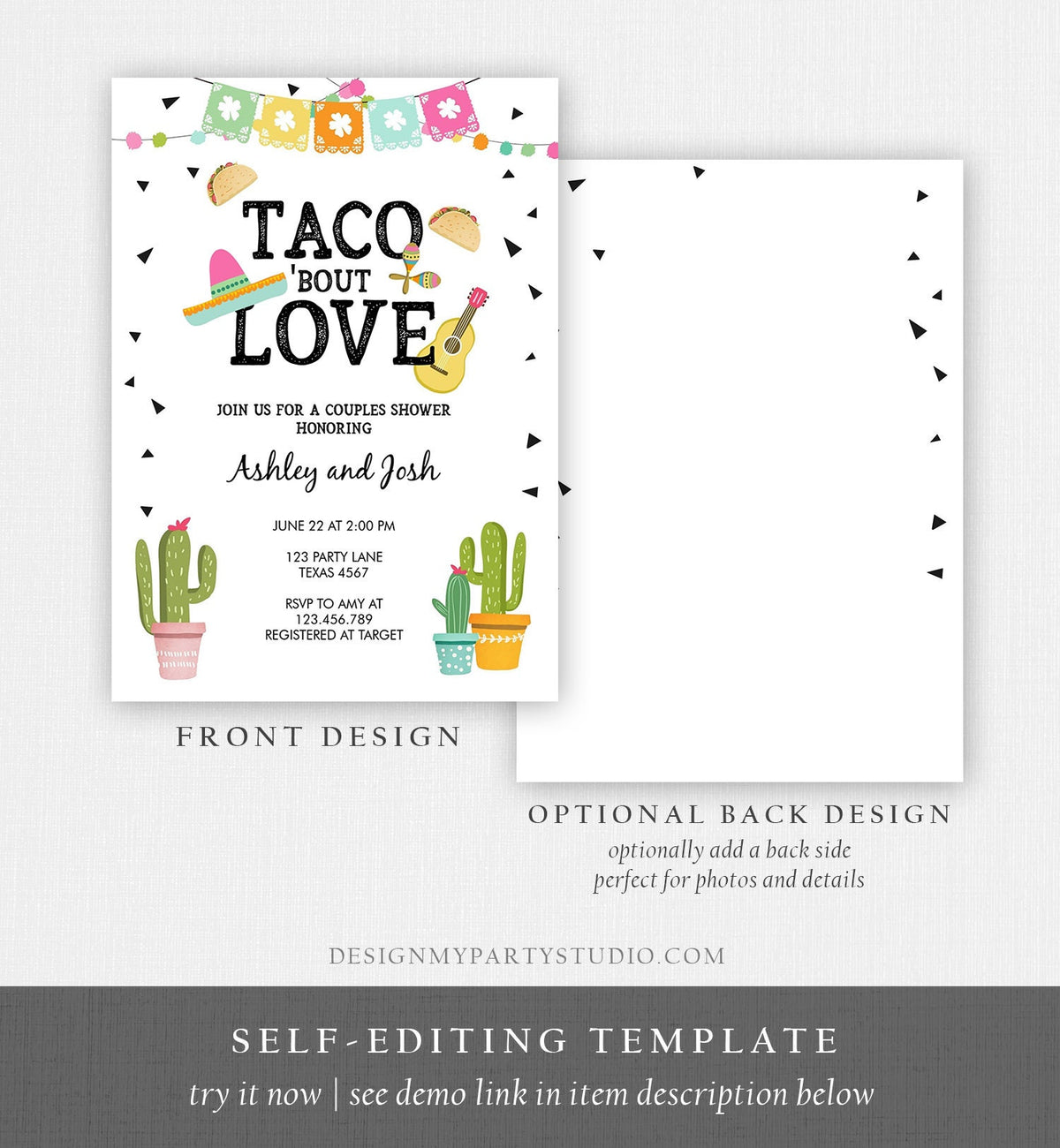 Editable Taco Bout Love Couples Shower Invitation Fiesta Cactus Succulent Mexican Green Pink Digital Download Corjl Template Printable 0161