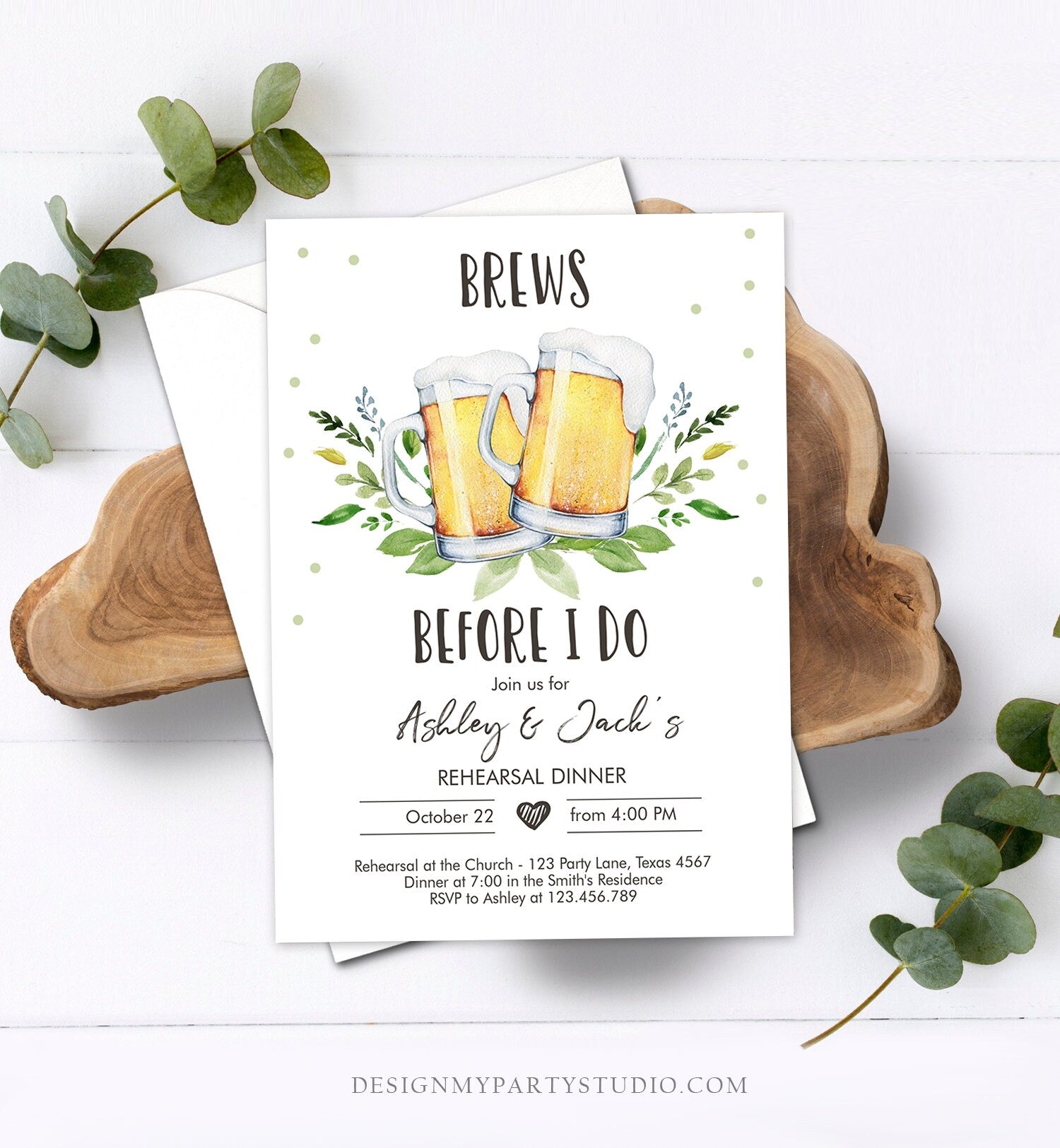 Editable Brews Before I Do Invitation Rehearsal Dinner Invitation Rustic Greenery Couples Shower Download Corjl Template Printable 0190
