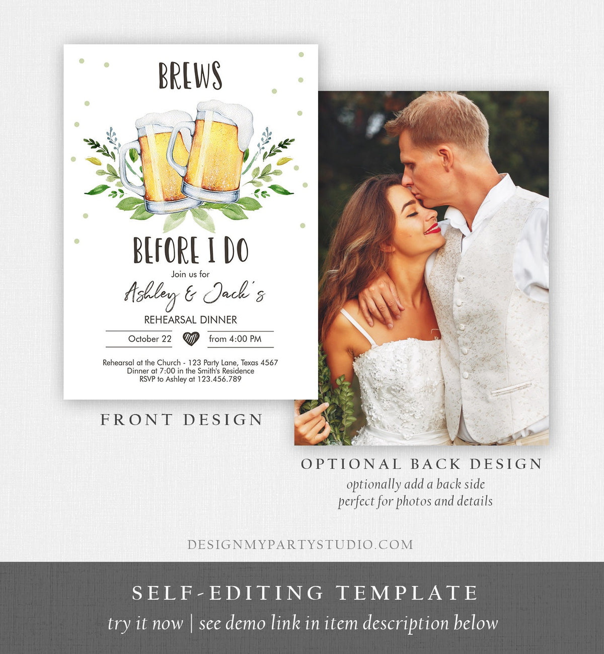 Editable Brews Before I Do Invitation Rehearsal Dinner Invitation Rustic Greenery Couples Shower Digital Download Template Printable 0190