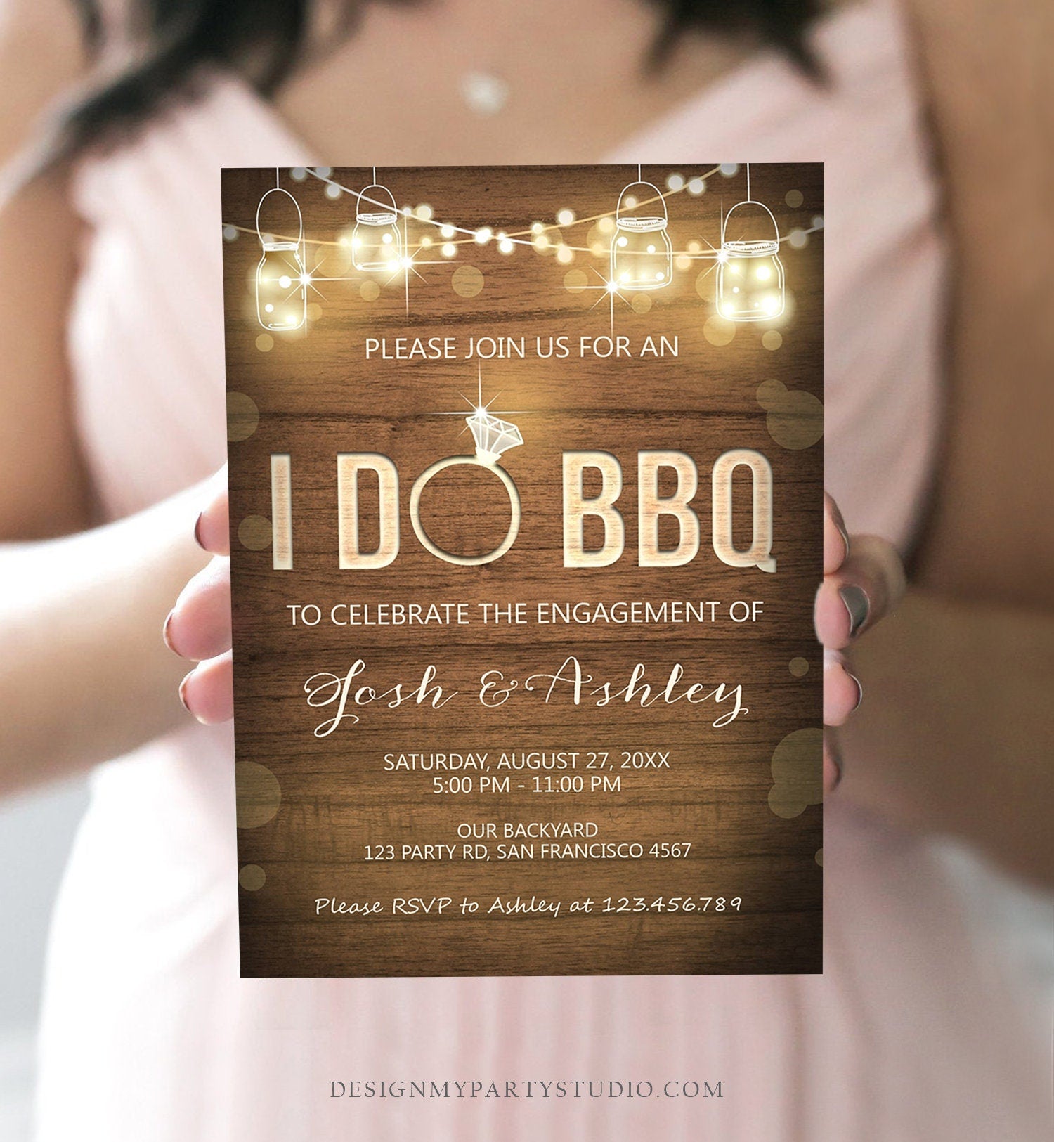 Editable I Do BBQ Invitation Couples Shower Invite Engagement Party Rustic Wood Lights Jars Download Printable Template Corjl Digital 0015