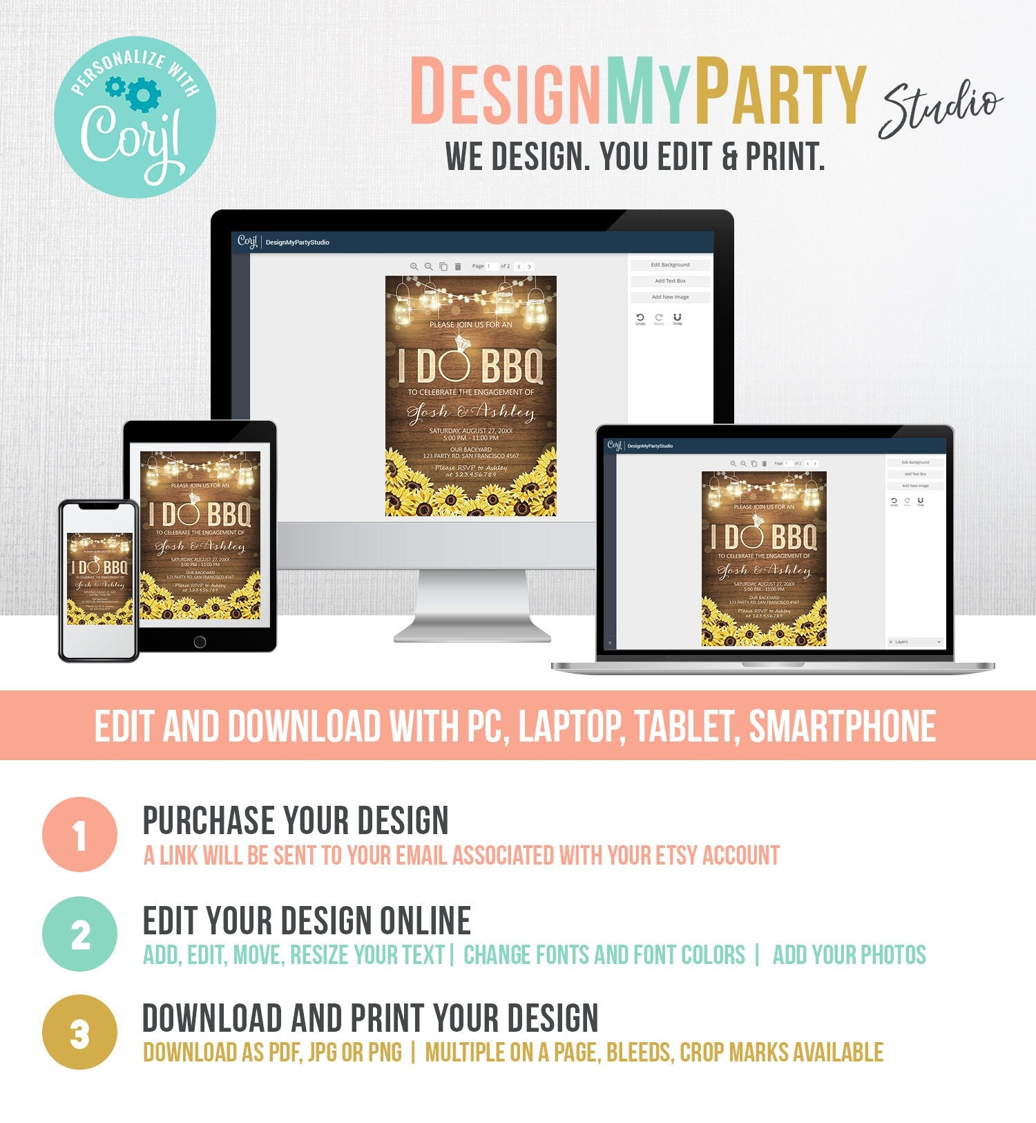 Editable I Do BBQ Invitation Couples Shower Engagement Party Rustic Wood Lights Sunflowers Digital Download Evite Template Printable 0015