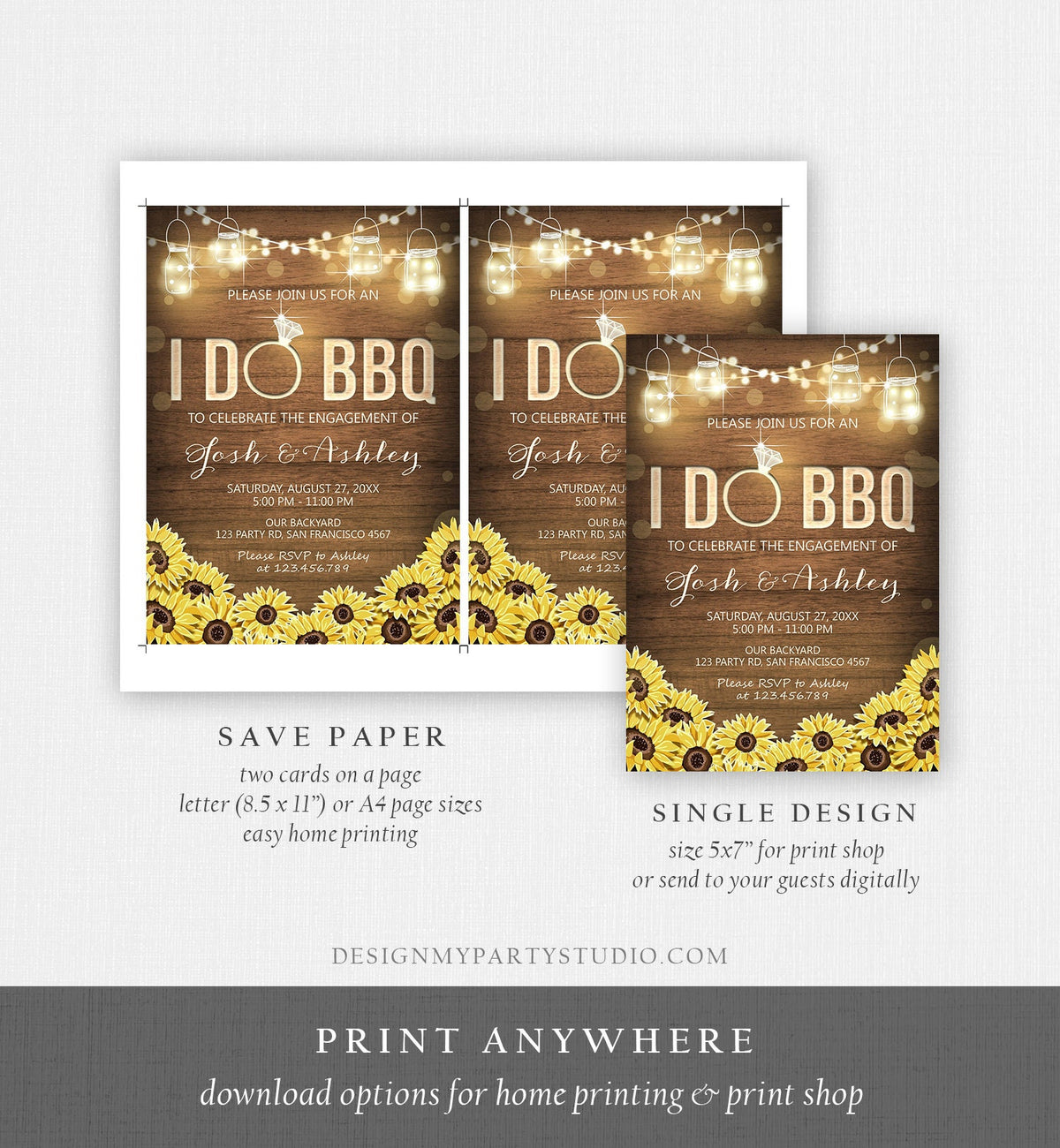 Editable I Do BBQ Invitation Couples Shower Engagement Party Rustic Wood Lights Sunflowers Digital Download Evite Template Printable 0015