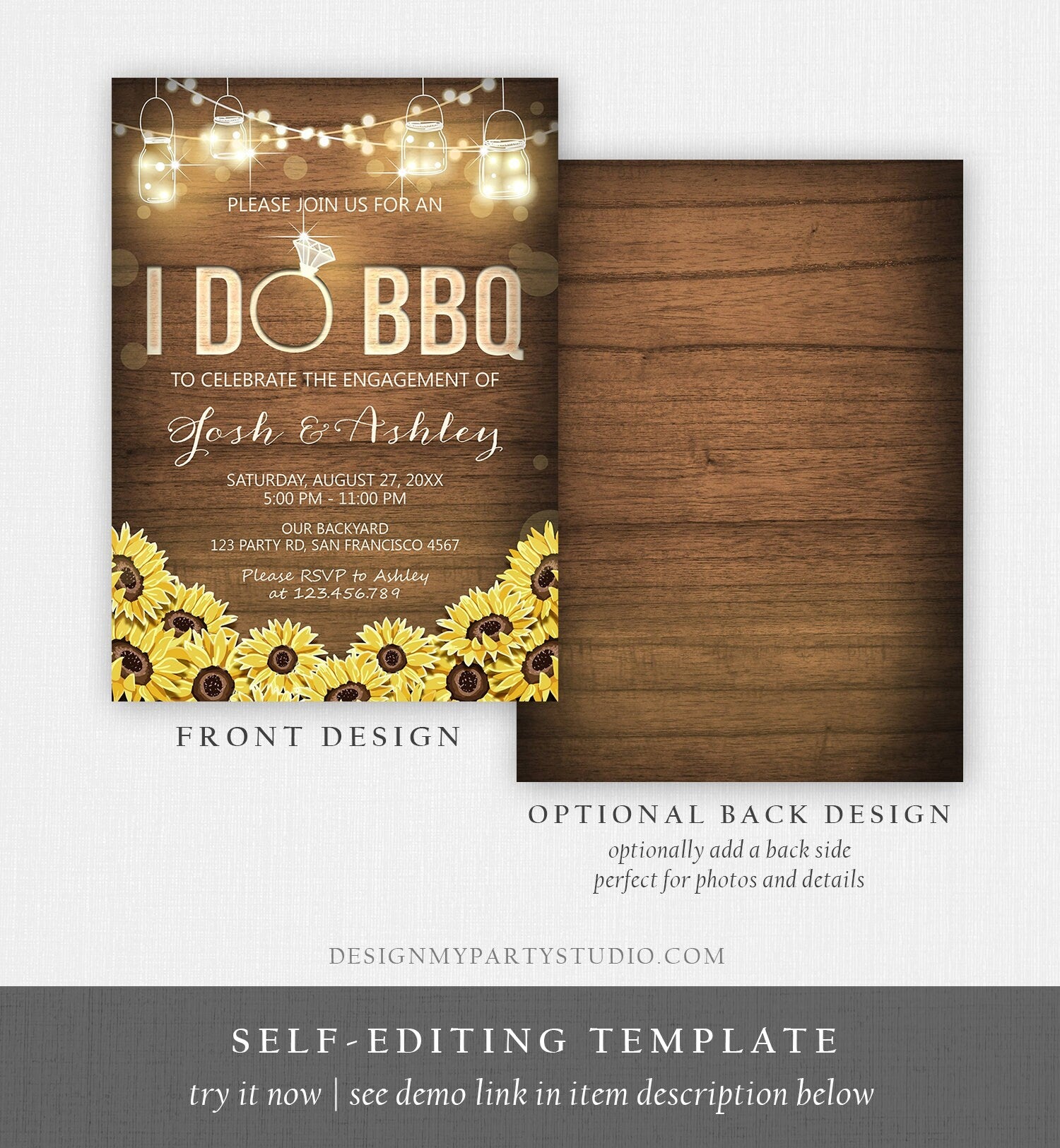 Editable I Do BBQ Invitation Couples Shower Engagement Party Rustic Wood Lights Sunflowers Digital Download Evite Template Printable 0015