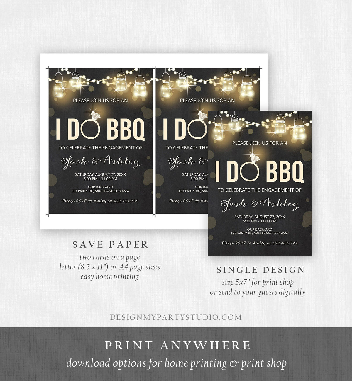Editable I Do BBQ Invitation Couples Shower Invite Engagement Party Rustic Chalk Lights Boho Download Printable Template Corjl Digital 0015