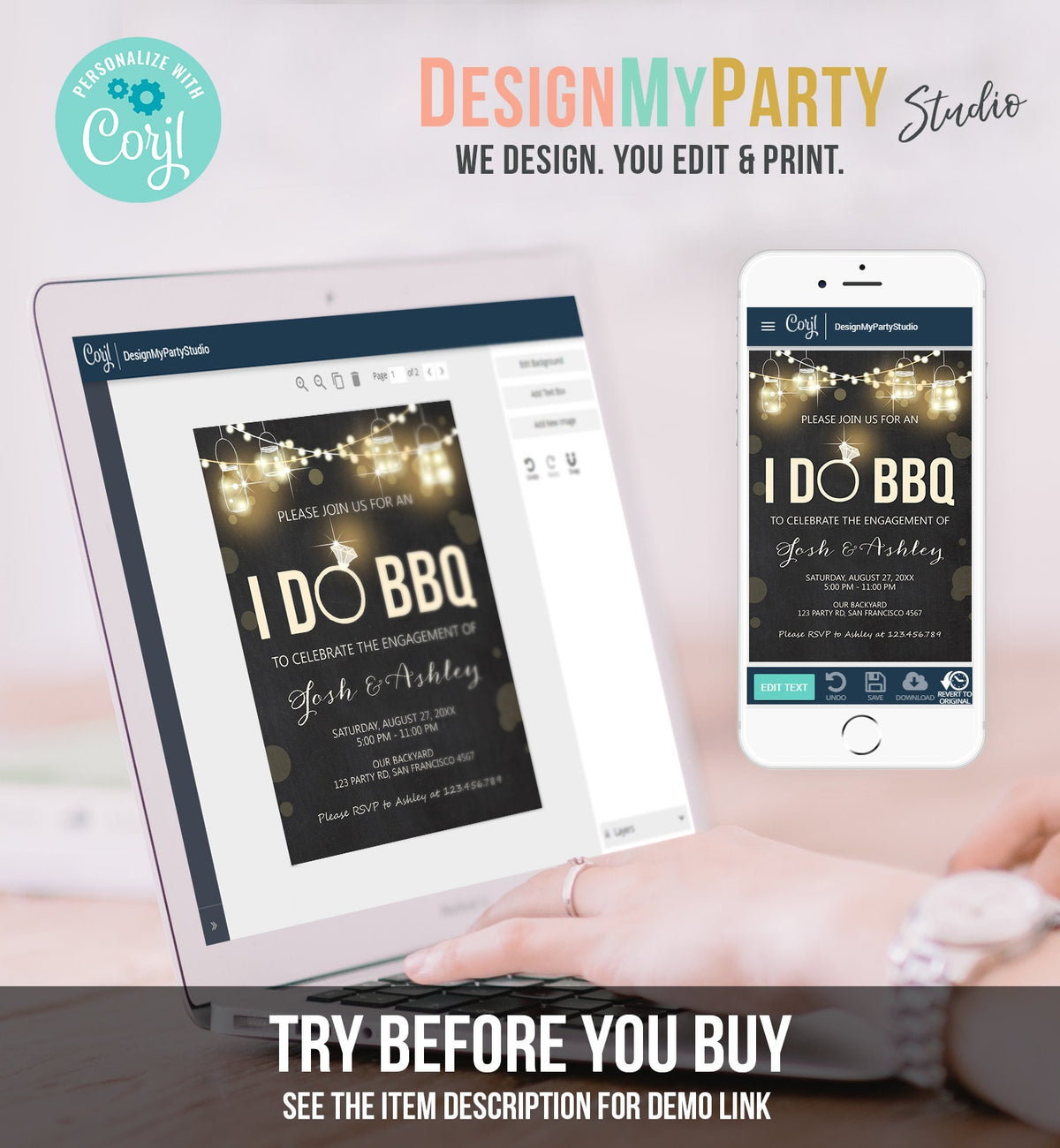 Editable I Do BBQ Invitation Couples Shower Invite Engagement Party Rustic Chalk Lights Boho Download Printable Template Corjl Digital 0015