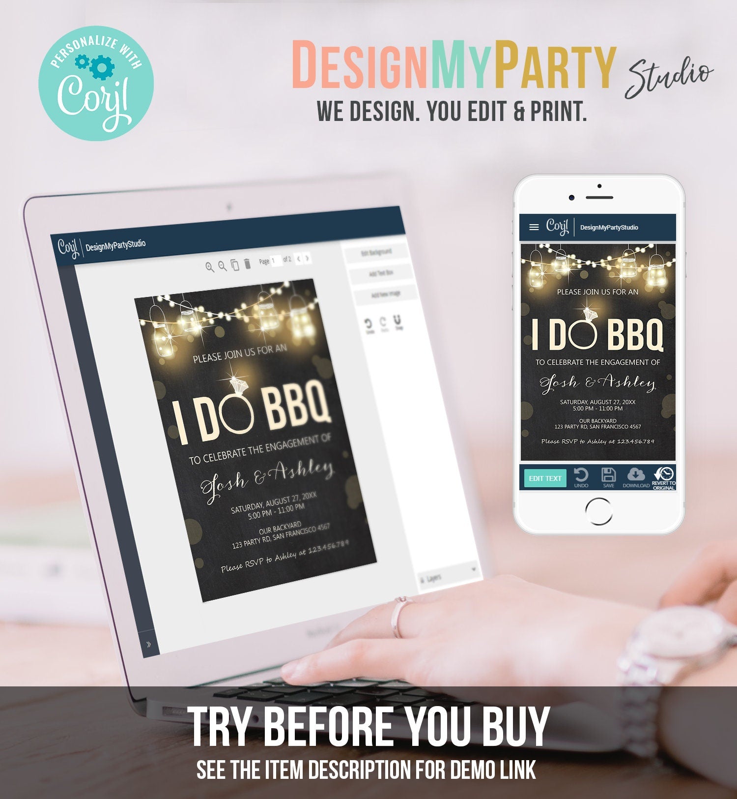 Editable I Do BBQ Invitation Couples Shower Invite Engagement Party Rustic Chalk Lights Boho Download Printable Template Corjl Digital 0015