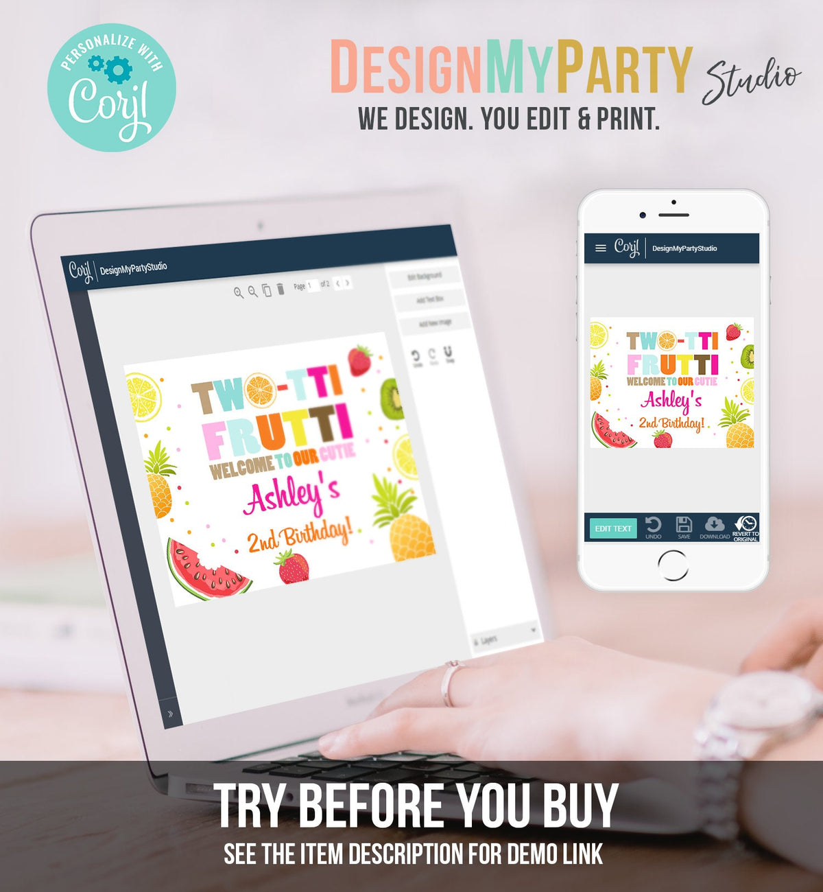 Editable Welcome Sign Two-tti Frutti Birthday Two-tti Fruity Party Fruit Tropical Summer Download Printable Template Digital Corjl 0127