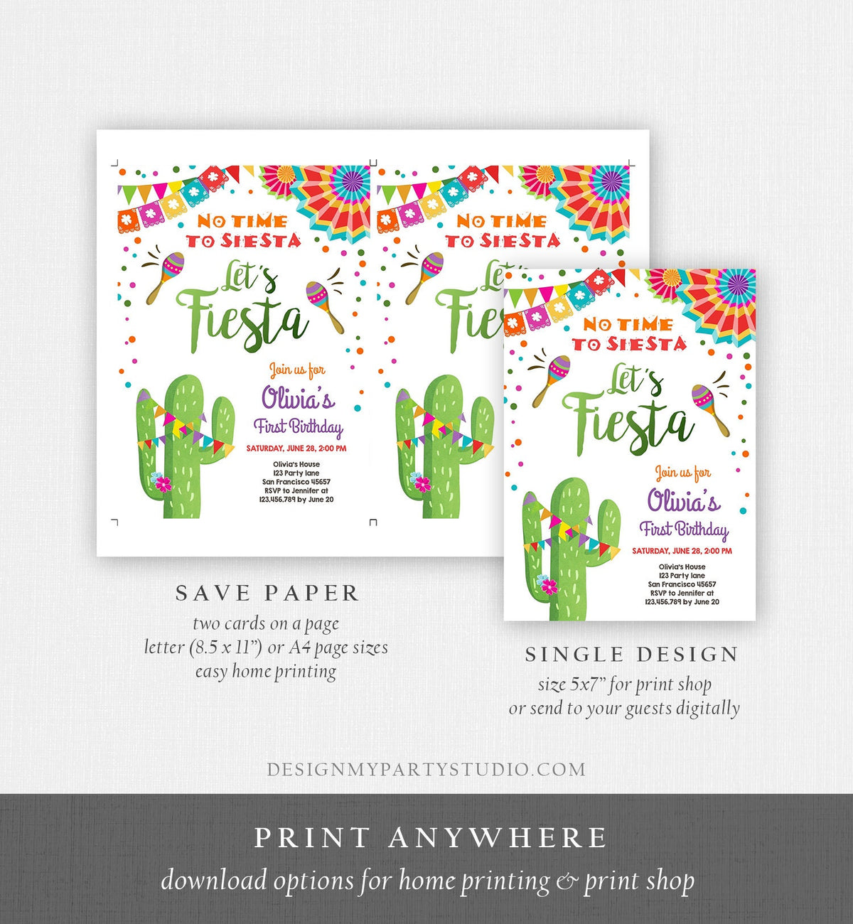 Editable Let&#39;s Fiesta Birthday Invitation No Time To Siesta Girl Cactus Samba Confetti First 1st Digital Download Template Printable 0045