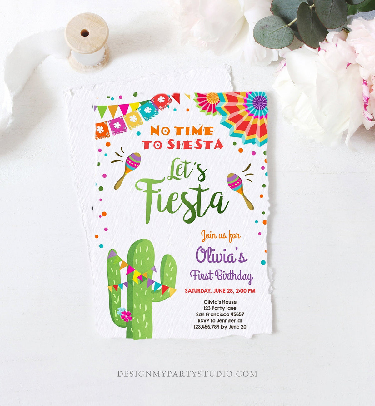 Editable Let&#39;s Fiesta Birthday Invitation No Time To Siesta Girl Cactus Samba Confetti First 1st Digital Download Template Printable 0045