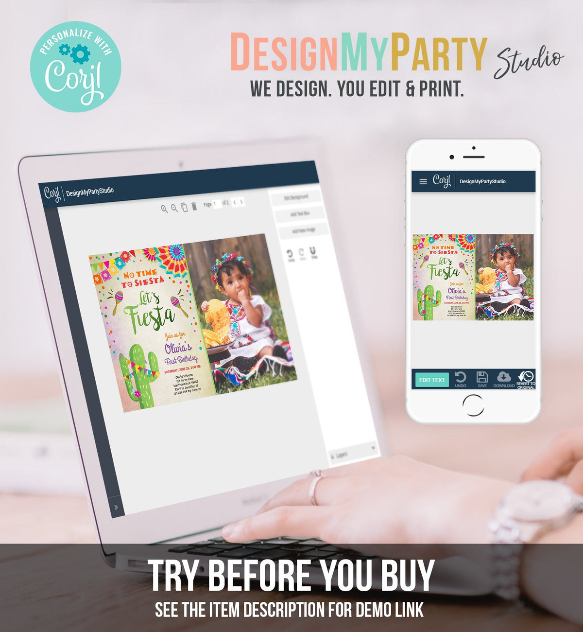 Editable Let&#39;s Fiesta Birthday Invitation No Time To Siesta Girl Cactus Samba Confetti First Birthday Photo Corjl Template Printable 0045