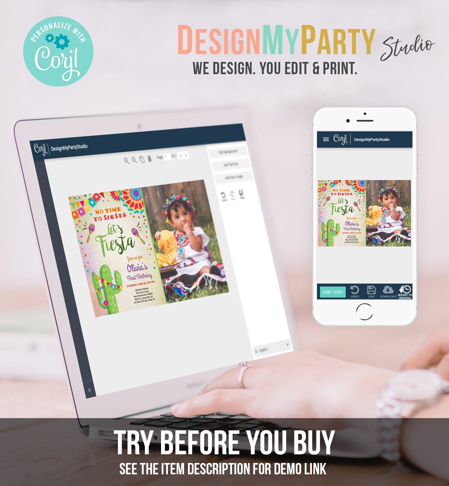 Editable Let's Fiesta Birthday Invitation No Time To Siesta Girl Cactus Samba Confetti First Birthday Photo Corjl Template Printable 0045