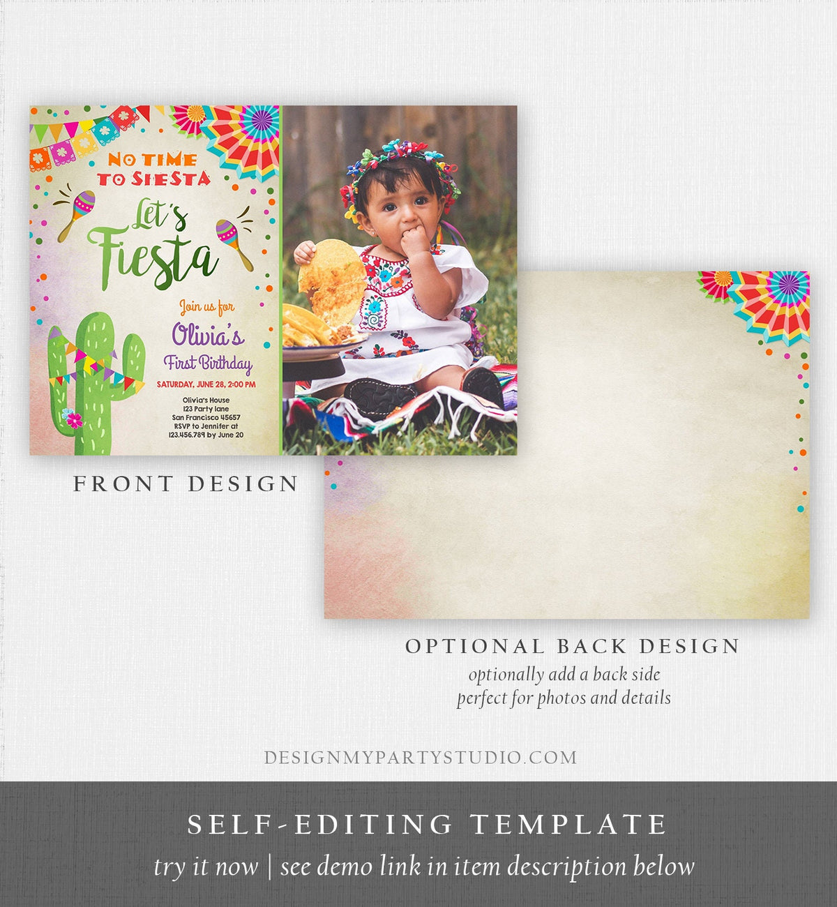Editable Let&#39;s Fiesta Birthday Invitation No Time To Siesta Girl Cactus Samba Confetti First Birthday Photo Corjl Template Printable 0045