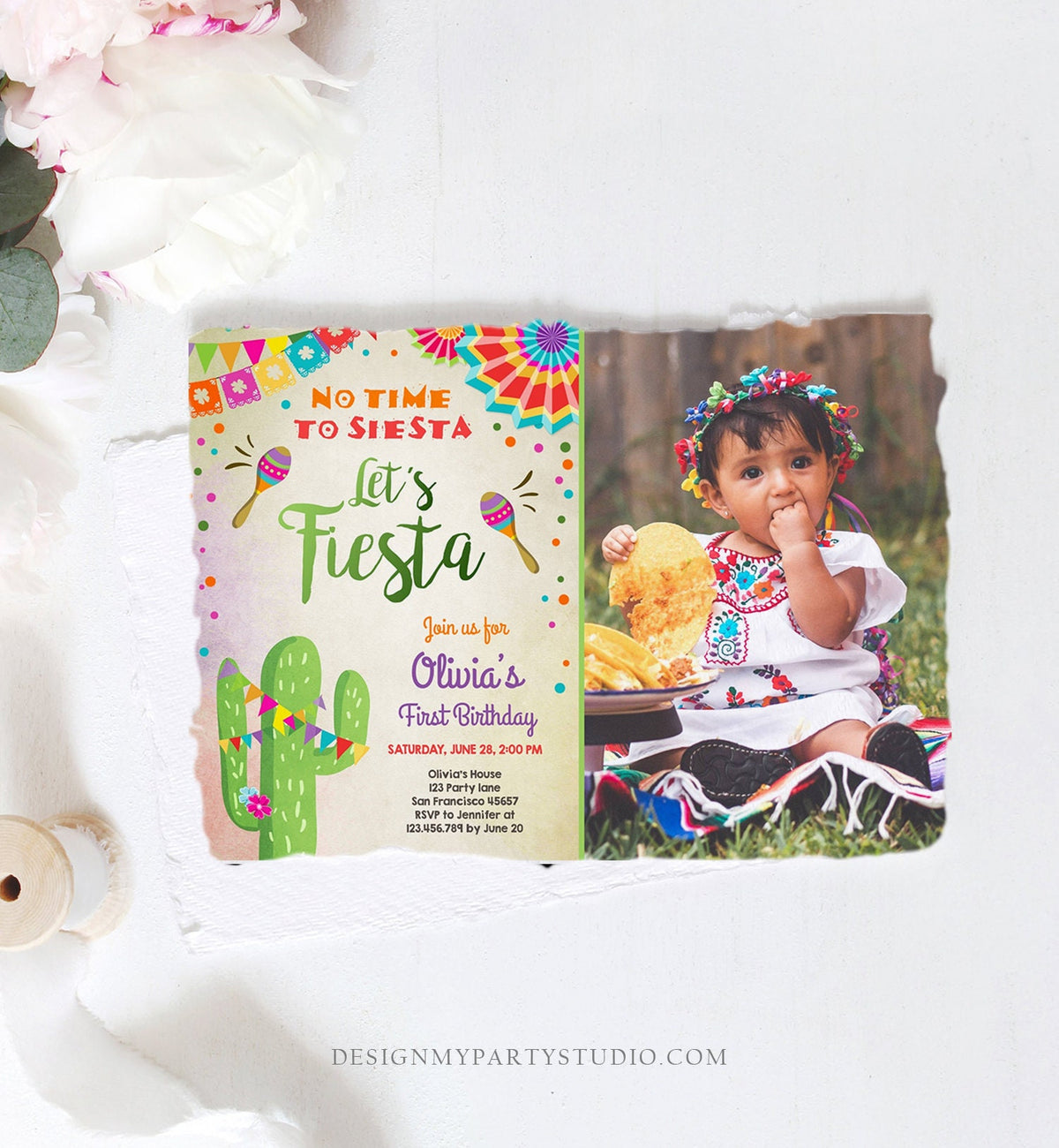 Editable Let&#39;s Fiesta Birthday Invitation No Time To Siesta Girl Cactus Samba Confetti First Birthday Photo Corjl Template Printable 0045