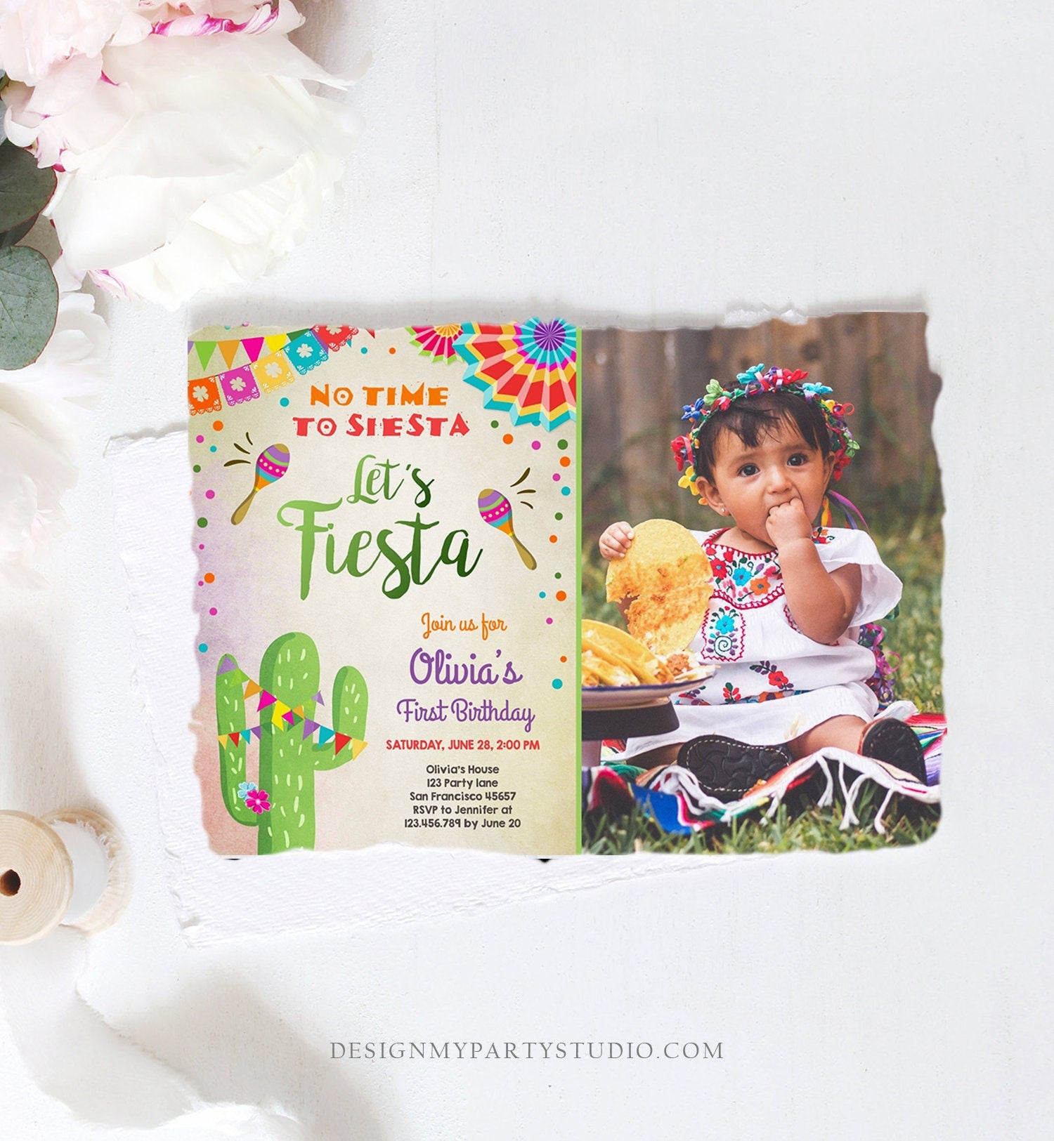 Editable Let's Fiesta Birthday Invitation No Time To Siesta Girl Cactus Samba Confetti First Birthday Photo Corjl Template Printable 0045