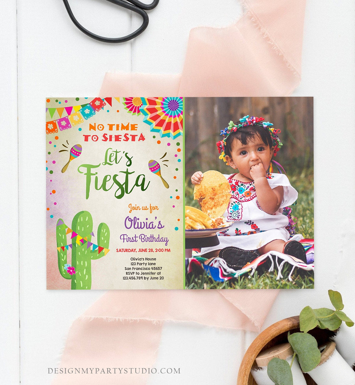 Editable Let&#39;s Fiesta Birthday Invitation No Time To Siesta Girl Cactus Samba Confetti First Birthday Photo Corjl Template Printable 0045