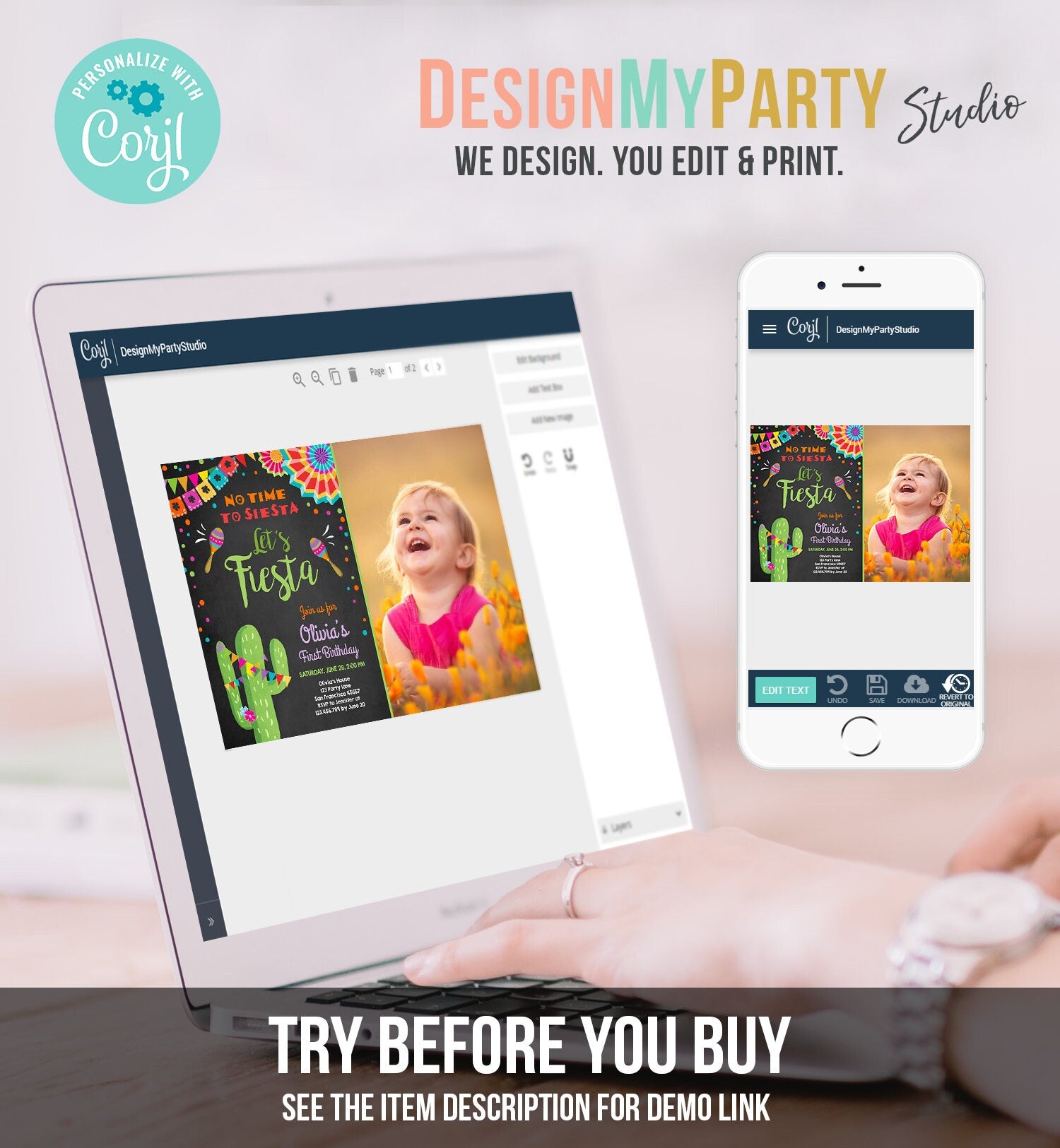 Editable Let's Fiesta Birthday Invitation No Time To Siesta Girl Cactus Samba Confetti First Birthday Download Corjl Template Printable 0045