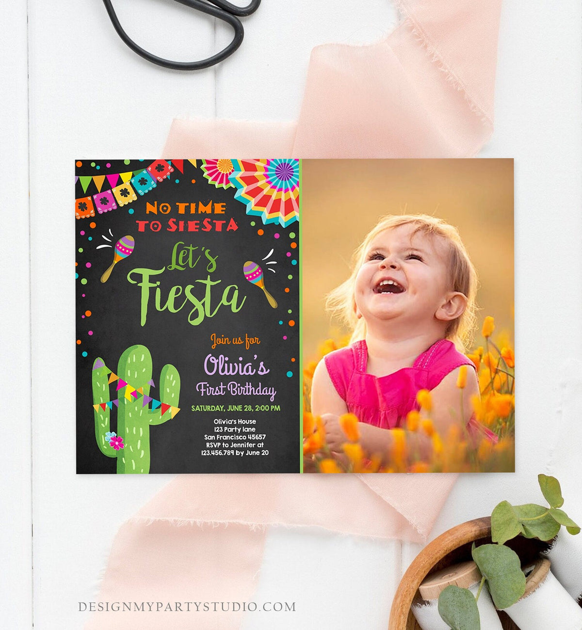 Editable Let&#39;s Fiesta Birthday Invitation No Time To Siesta Girl Cactus Samba Confetti First Birthday Download Corjl Template Printable 0045