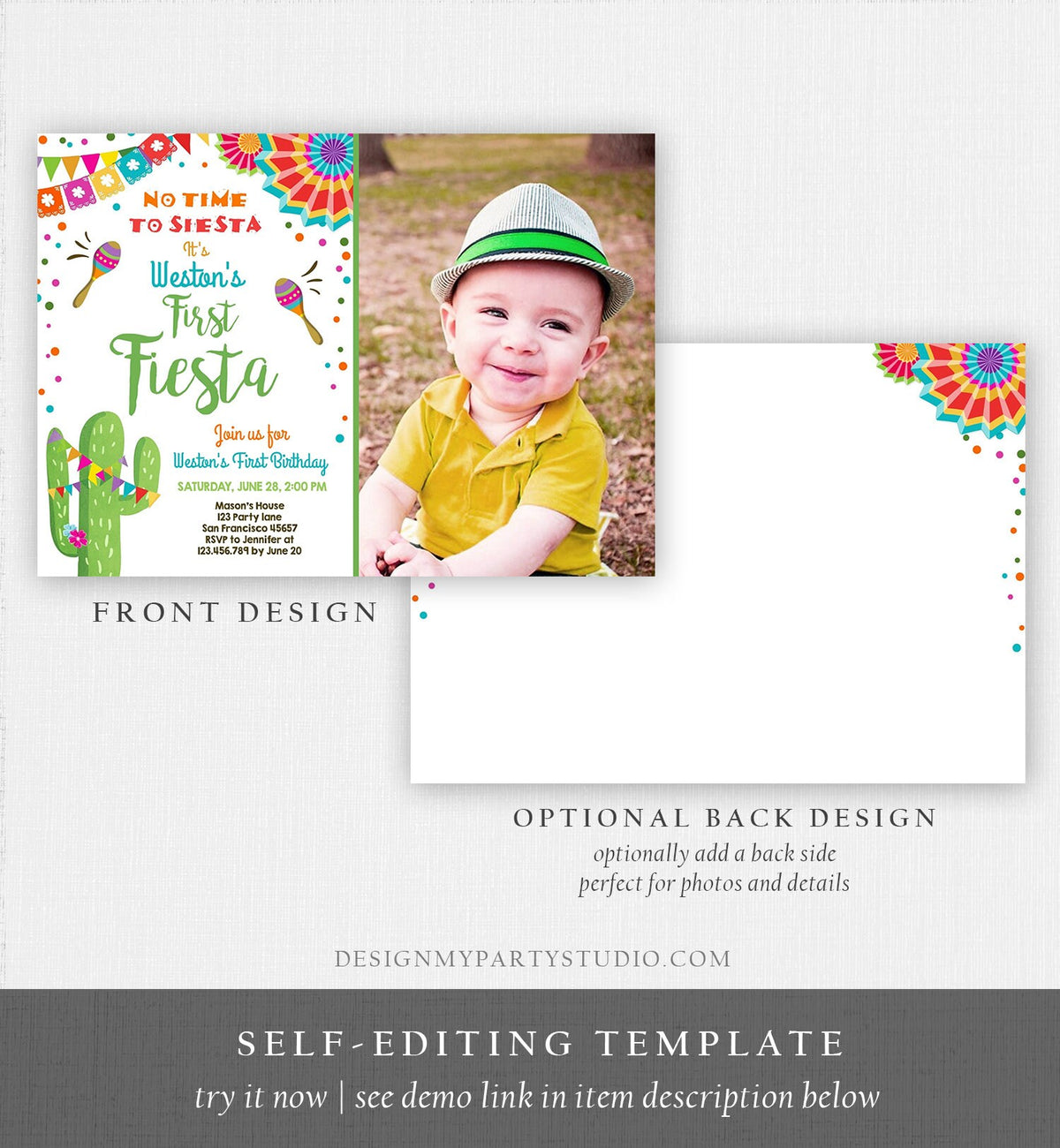 Editable First Fiesta Birthday Invitation Let&#39;s Fiesta No Time To Siesta Cactus Mexican Boy Samba Digital Evite Template Printable 0045