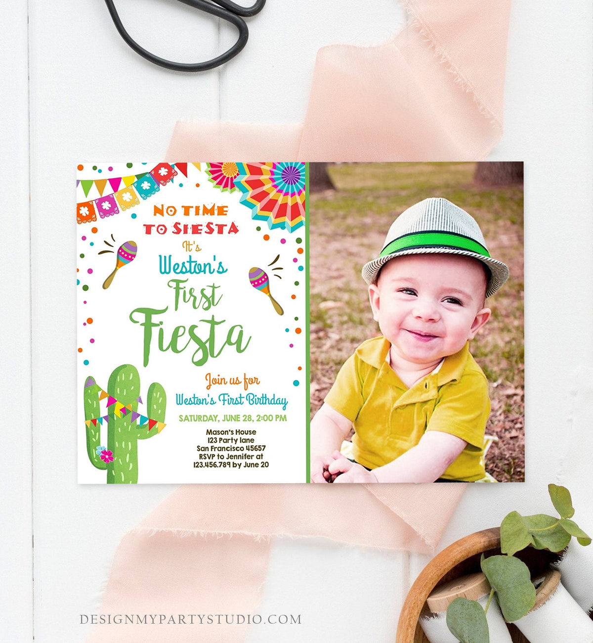 Editable First Fiesta Birthday Invitation Let&#39;s Fiesta No Time To Siesta Cactus Mexican Boy Samba Digital Evite Template Printable 0045